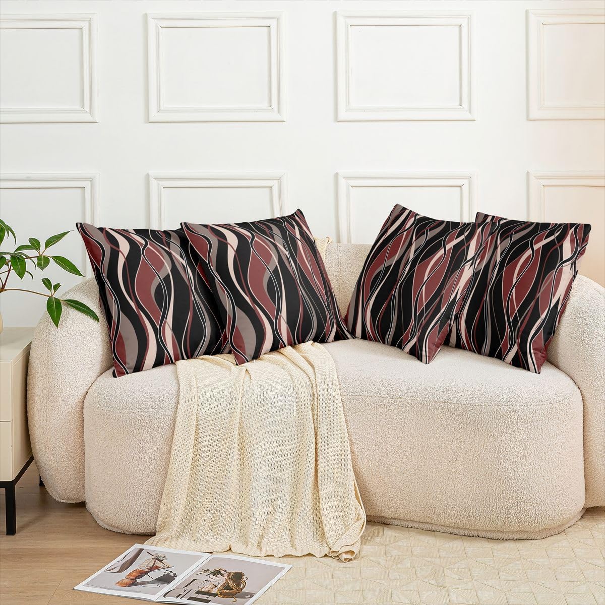 Geometric Pillow Covers 24x24 Pack of 2, Red White Black Gray Striped Throw Pillow Covers, Stripes Decorative Pillow Covers, Abstract Wave Curve Decorative Accent Pillow Cases Bedroom Decor