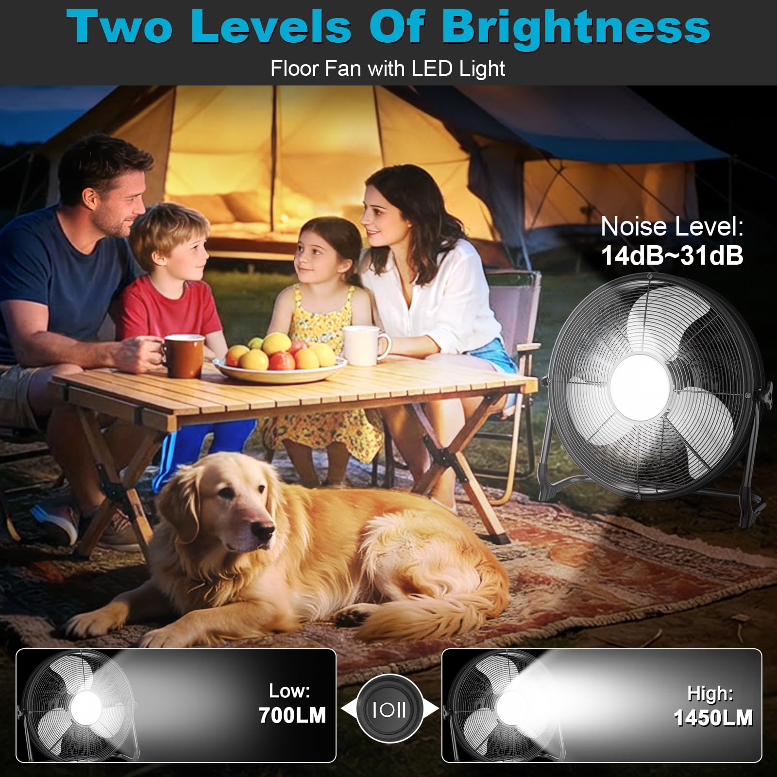 T-SUN 40CM Ventilador de Suelo Industrial compatible con Batería Ma-kita/Adaptador de CA Ventilador de pie Portatil con 1450LM Luz LED, Regulación Continua de la Velocidad para Camping(Sin Batería)