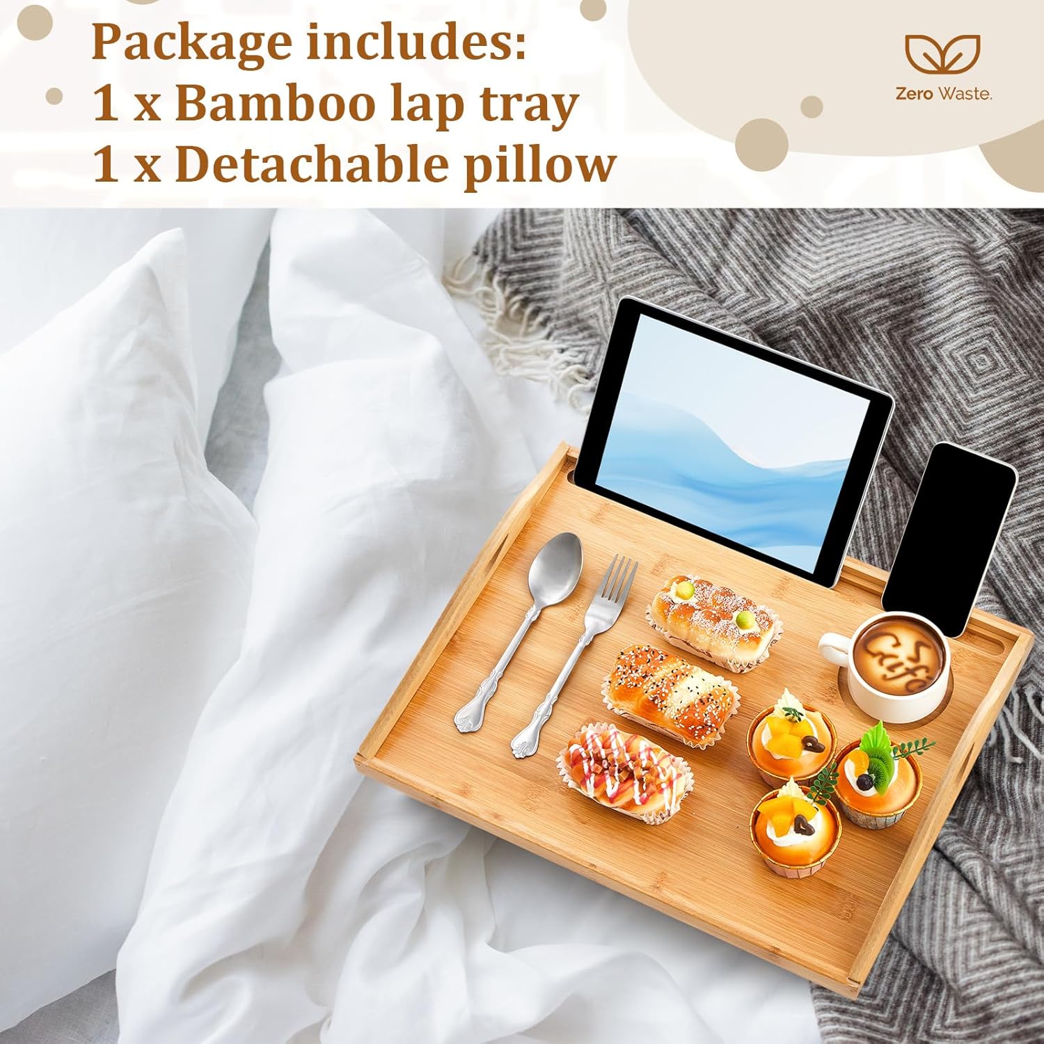 Pickmesh 1 Pcs Bamboo Lap Tray with Detachable Pillow Wood Bed Food Trays with Cushion 16.9 x 13 Inch for Adults Elderly Eating Food Breakfast Dinner (Wood Color)