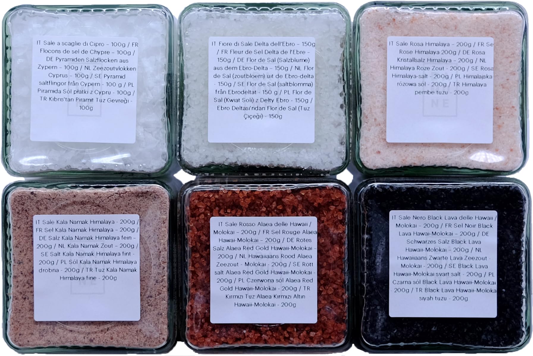 DAMUNE Sales Gourmet: Sal Negra Hawai (200g), Sal Roja Hawai (200g), Flor de Sal Delta del Ebro (150g), Sal en Escamas Chipre (100g), Sal Rosa (200g) y Sal Kala Namak (200g)