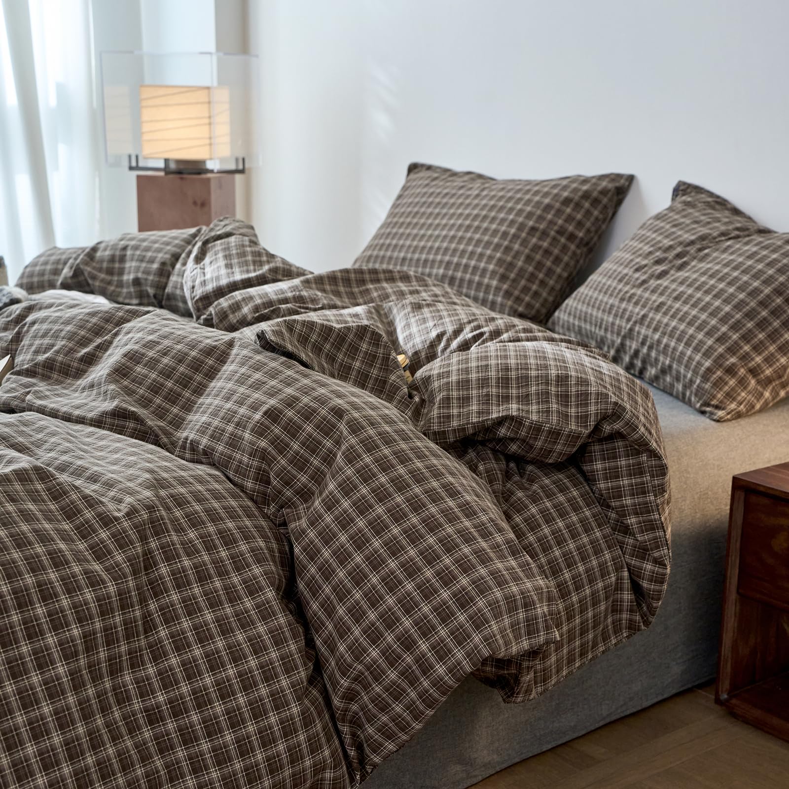 EAVD Vintage Gingham Plaid Duvet Cover Queen 100% Washed Cotton Dark Grey