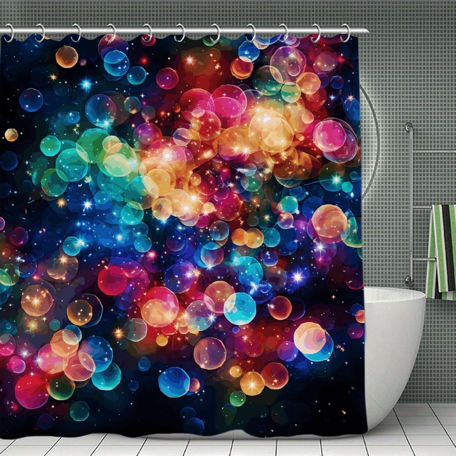 QMNLKH Colorful Rainbow Stars Shower Curtain with Hooks, Waterproof Bath Curtains for Bathroom, Lightweight Bath Curtains Liner for Hotel, Personalized Bath Curtain for Spa, 70.8 Inch