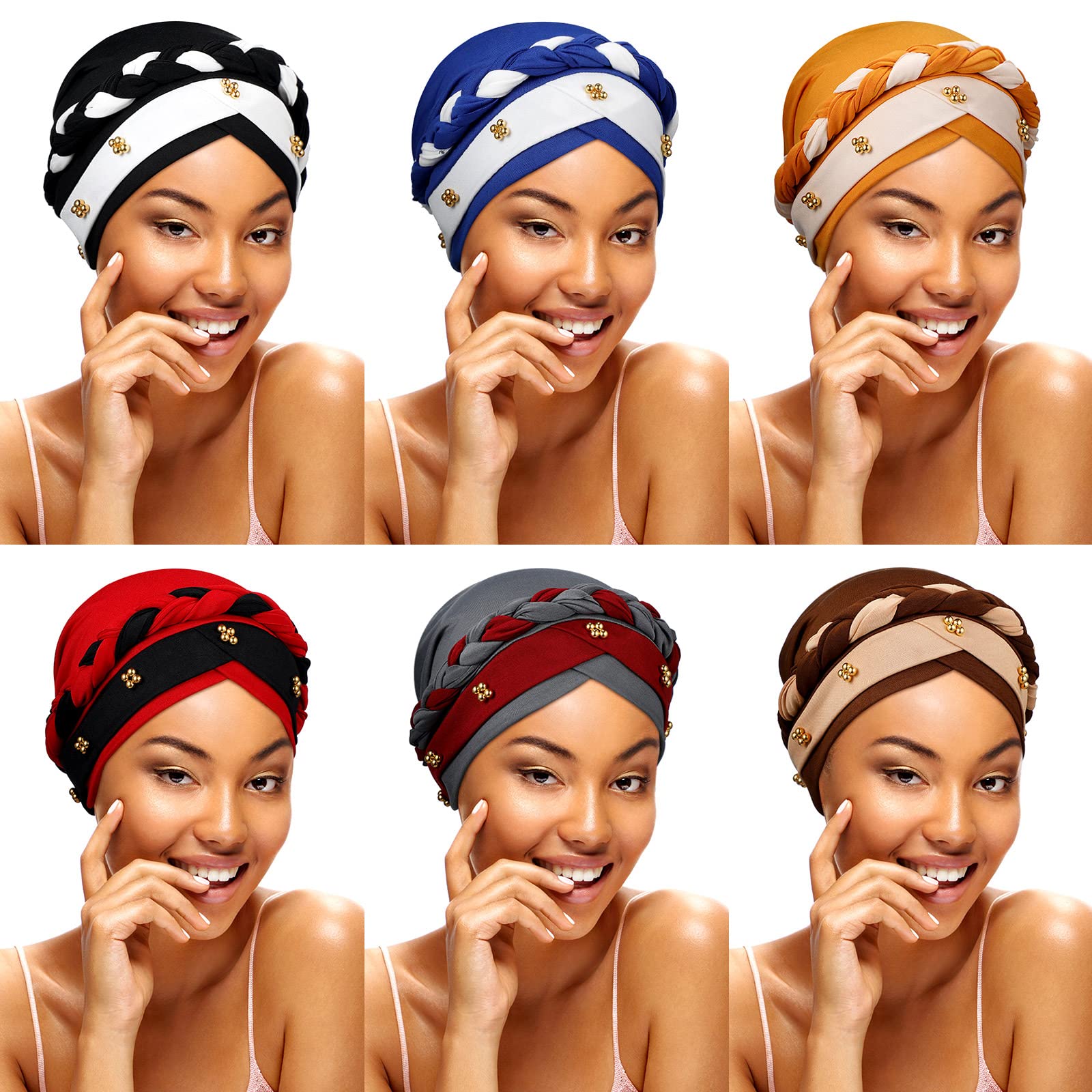 Xtinmee 6 Pcs African Turban Head Wraps for African Women Solid Color Beanie
