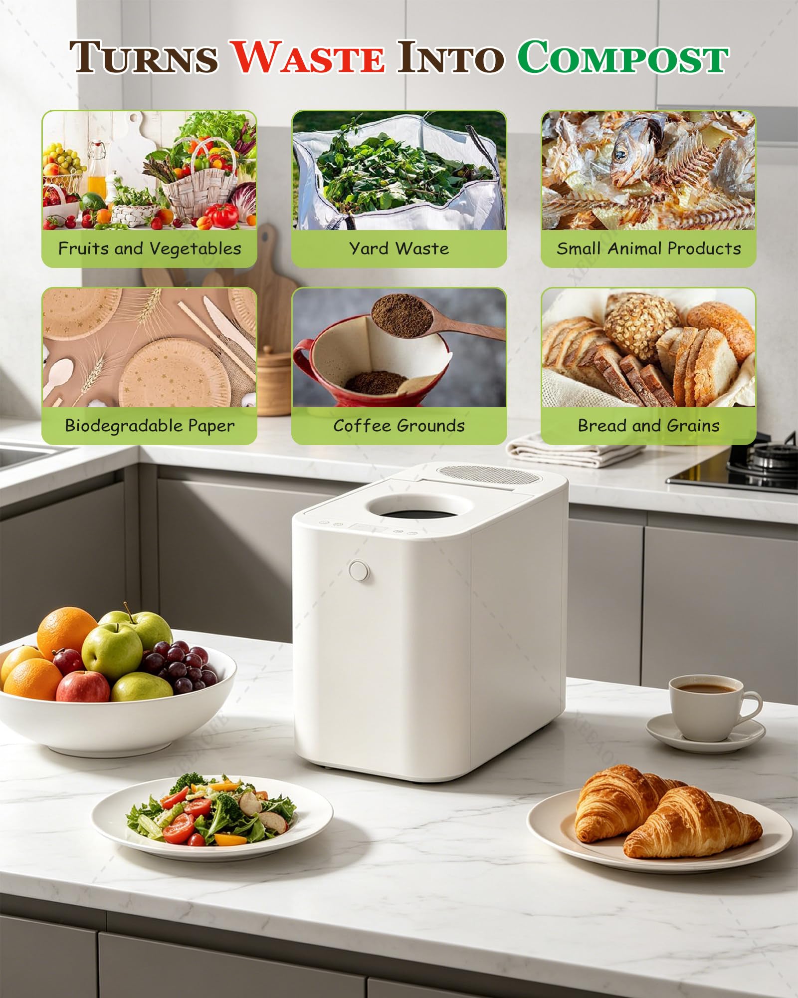Compostador Inteligente para Residuos Alimentarios, Reciclador Eléctrico De Cocina 4,5 L Y Cubo Compostaje Encimera, Inodoro Silencioso, con Autolimpieza Pantalla Táctil