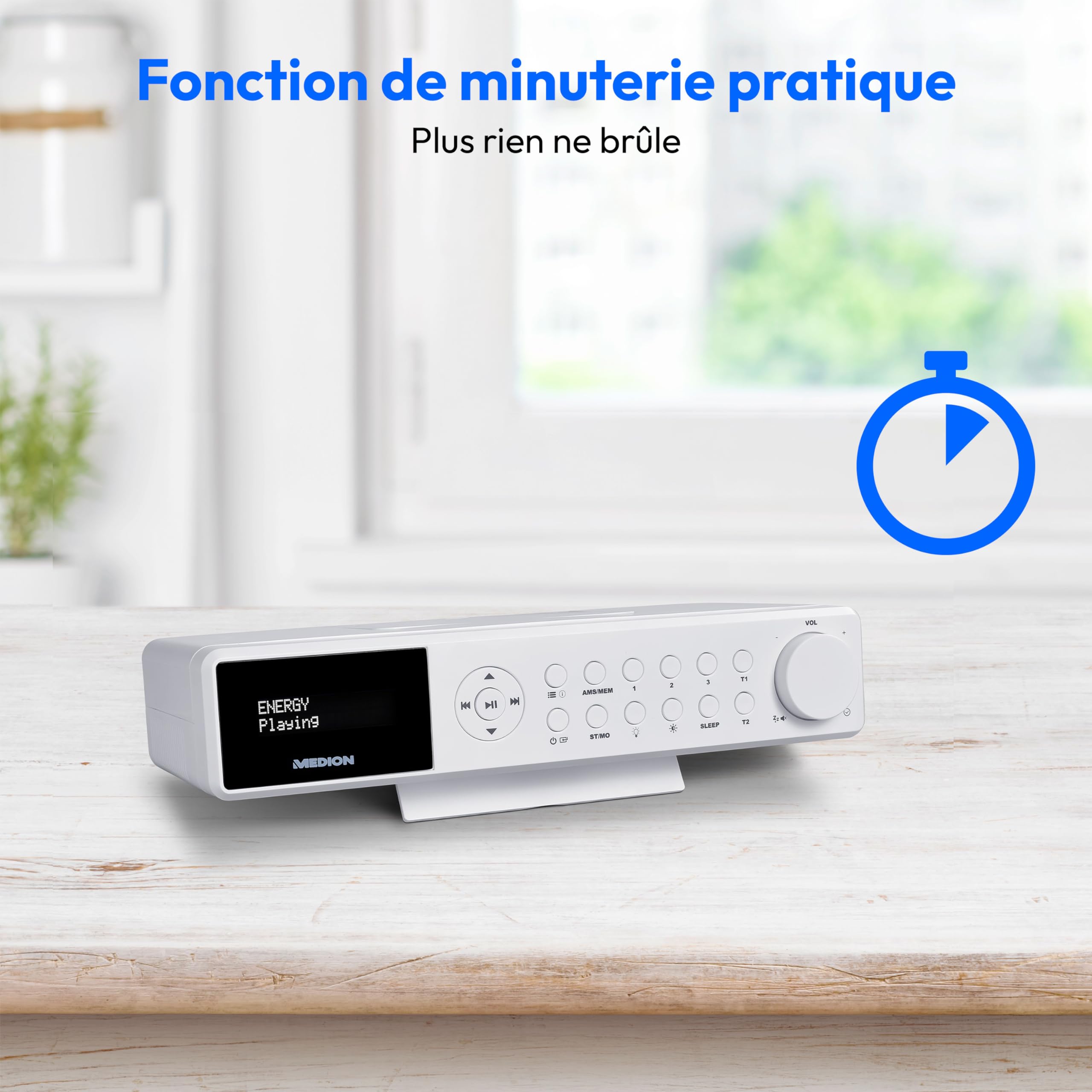 MEDION E6660 Radio de Cuisine (Dab+ Radio de Cuisine, PLL Radio FM, Bluetooth, LED Barre de lumière, sous Le comptoir, Cuisson minuterie, Affichage de l'heure) Blanc ;