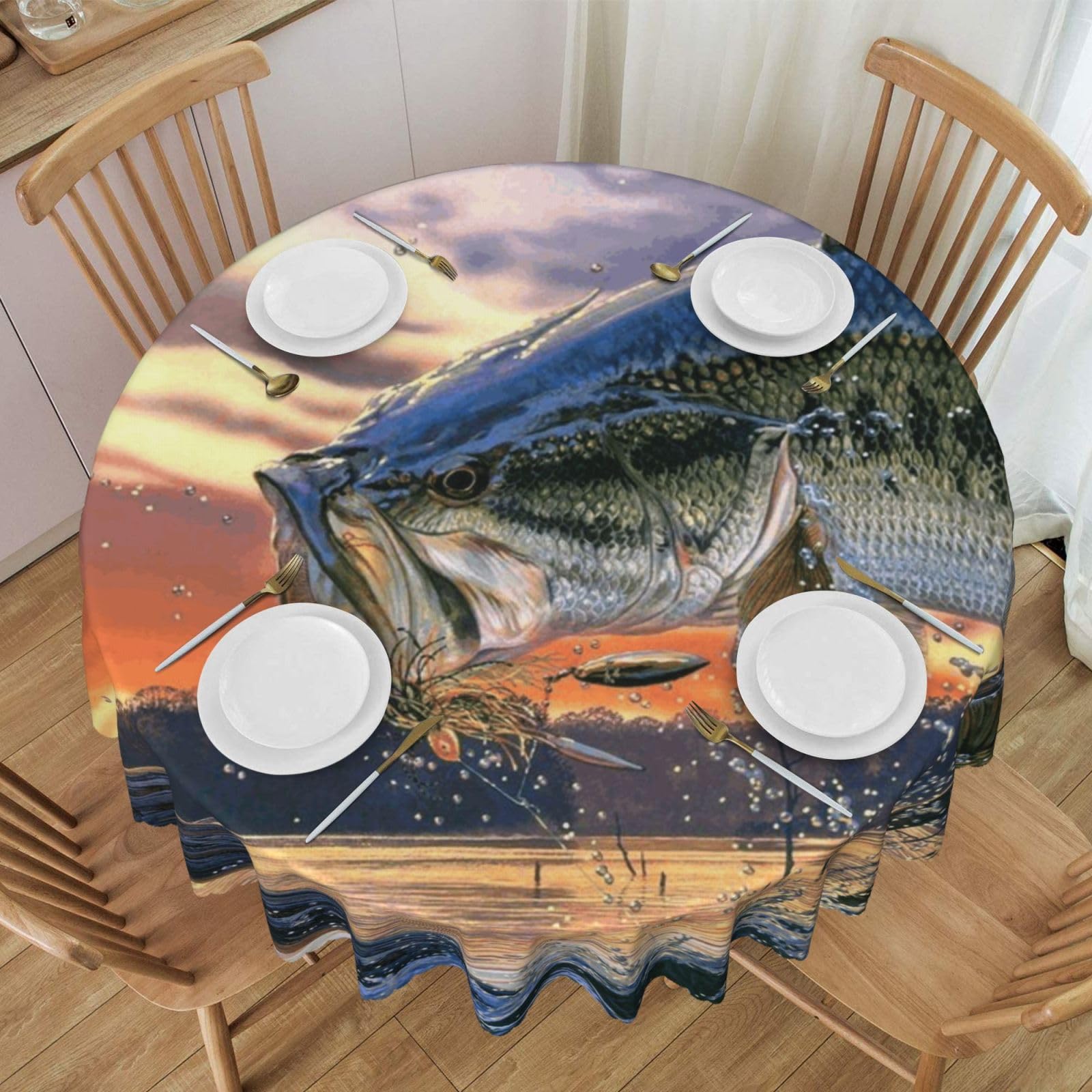 DCEHGEW 60 In Round Tablecloth with Lace, Bass Fishing Wave Printed Oilproof & Washable Fabric Picnic Table Cloth Table Covers