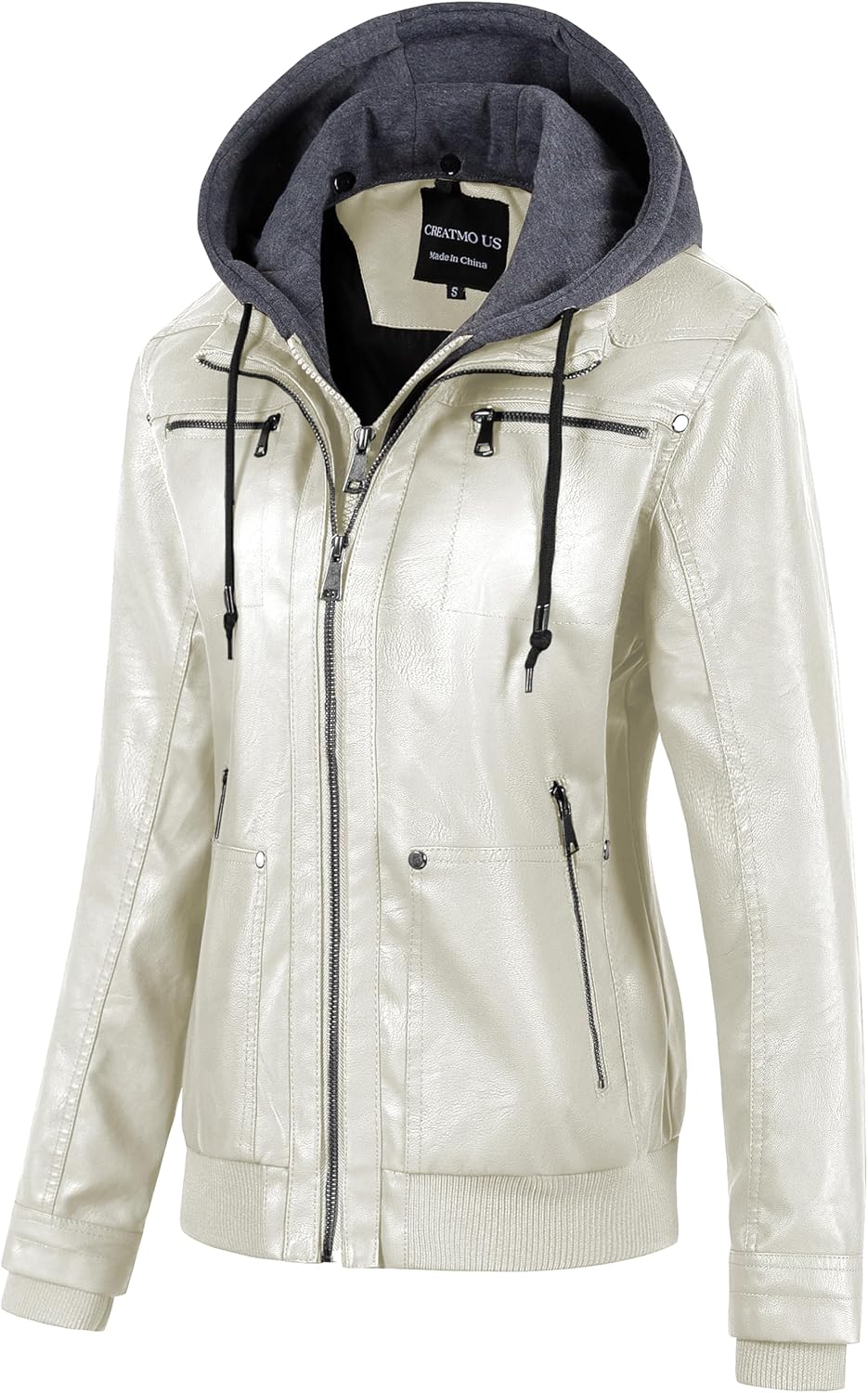 CREATMO US Women's Faux Leather Jacket Waterproof Motorcycle Bomber Jacket Vintage PU Moto Biker Coat With Removable Hood - Image 2