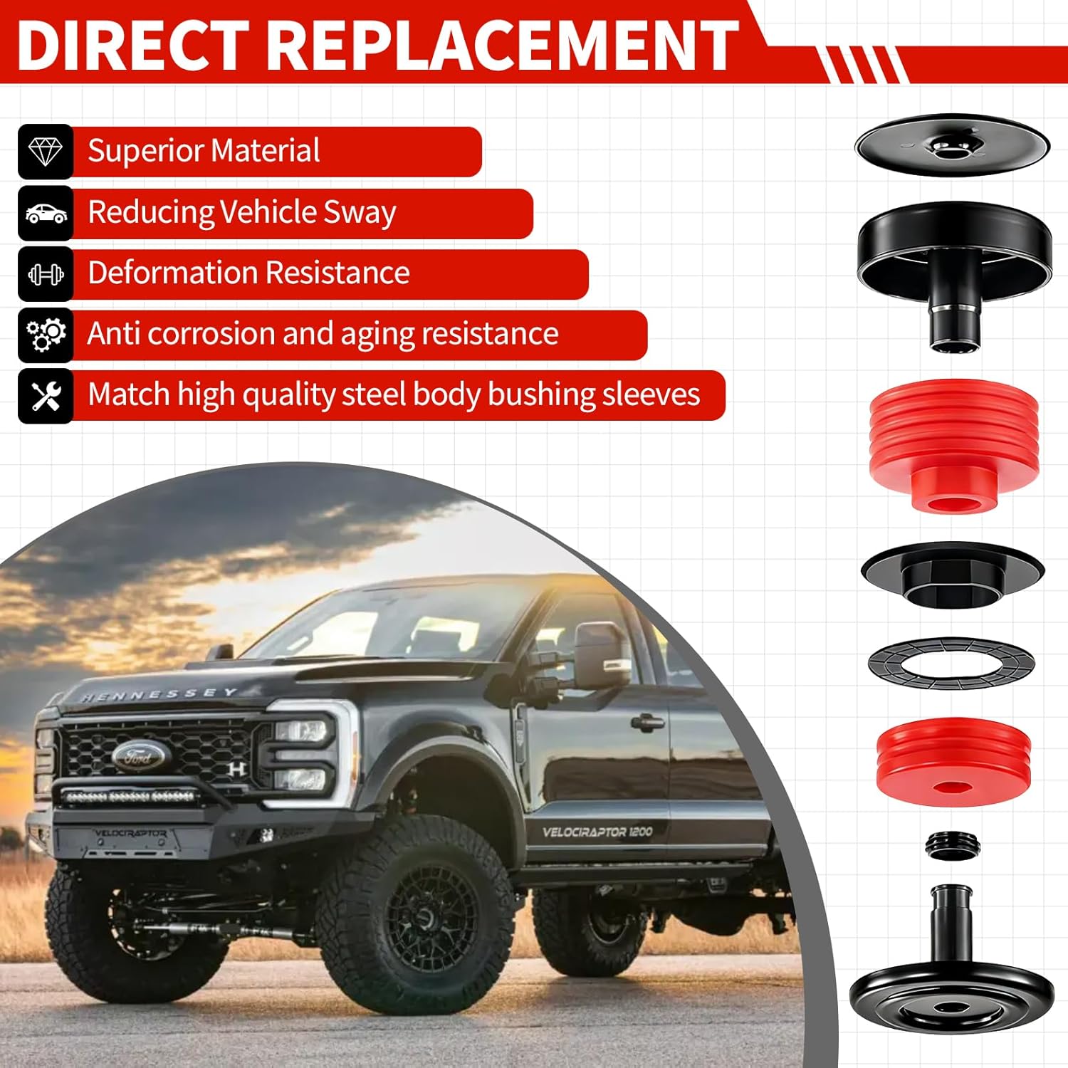 Silicone Body Mount Bushing Kit with High-Strength Bolts, Compatible with 2008-2016 F-250 F-350 Super Duty Crew Cab 2WD 4WD, Cab to Frame Mounts for Noise Reduction & Vibration Dampening, Red