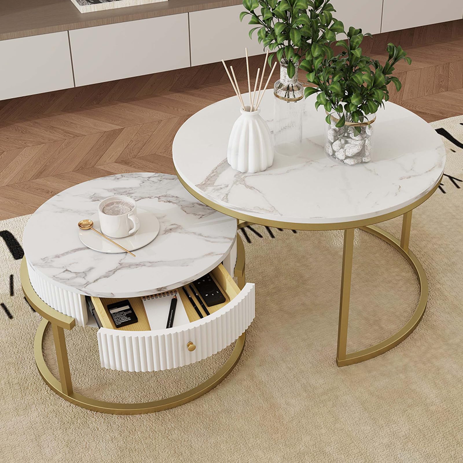 Table Basse Salon Ronde Blanche Marbre avec Rangement, Table Basse Doré Gigogne Ronde avec Tiroir