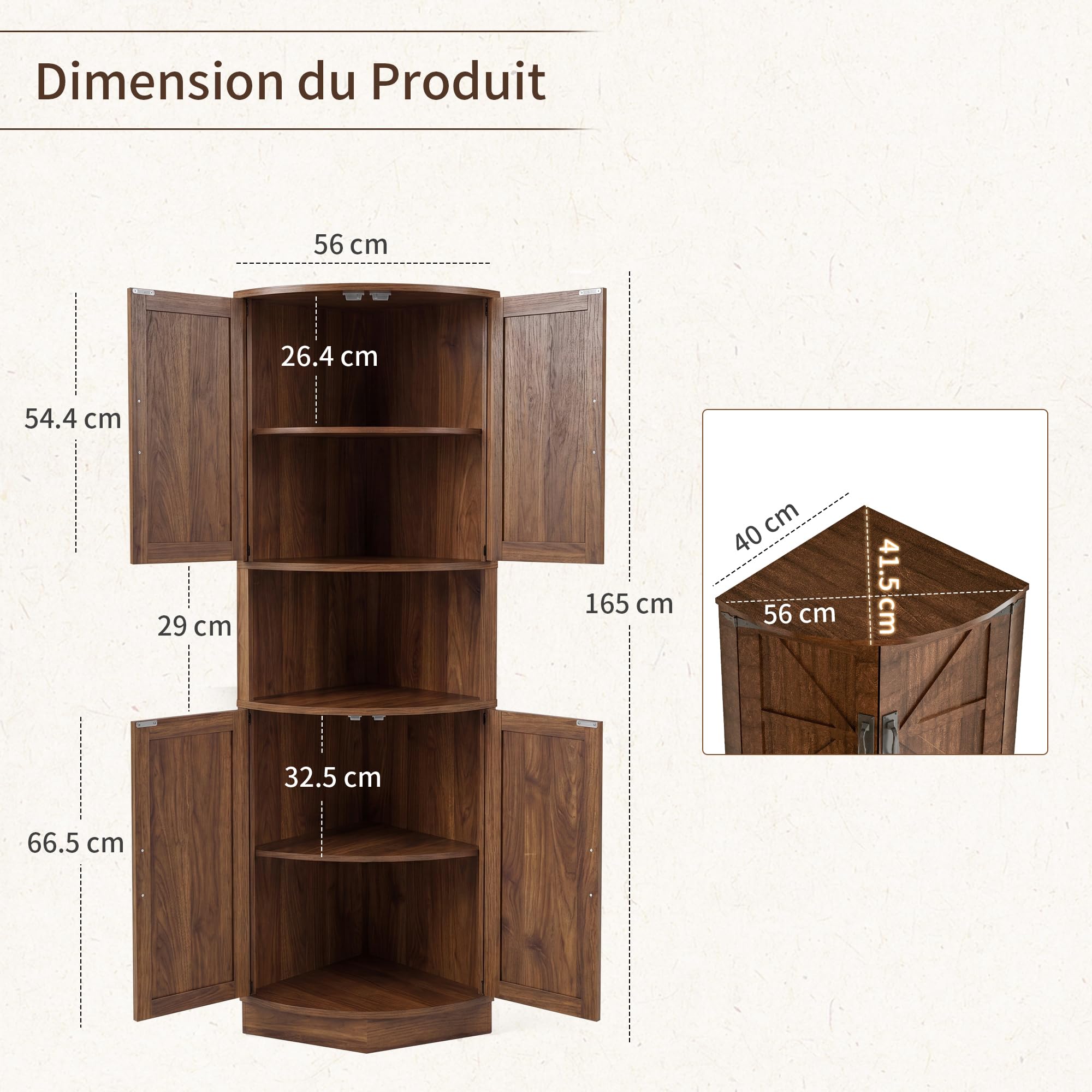 BonVache Armoire de cuisine haute, armoire d'angle, armoire de salle de bain étroite, étagère d'angle avec 4 portes et 5 étagères, 165 cm, en bois, pour cuisine, salon, salle à manger, noyer clair