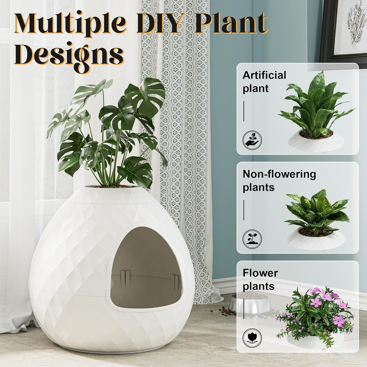 Egg-Shaped Hidden Plant Litter Box, Cat Litter Box Enclosure with Replaceable Plant Tray Top, Waterproof Cat Box Enclosure Cabinet Furniture for Living Room, Bedroom, Corner Use
