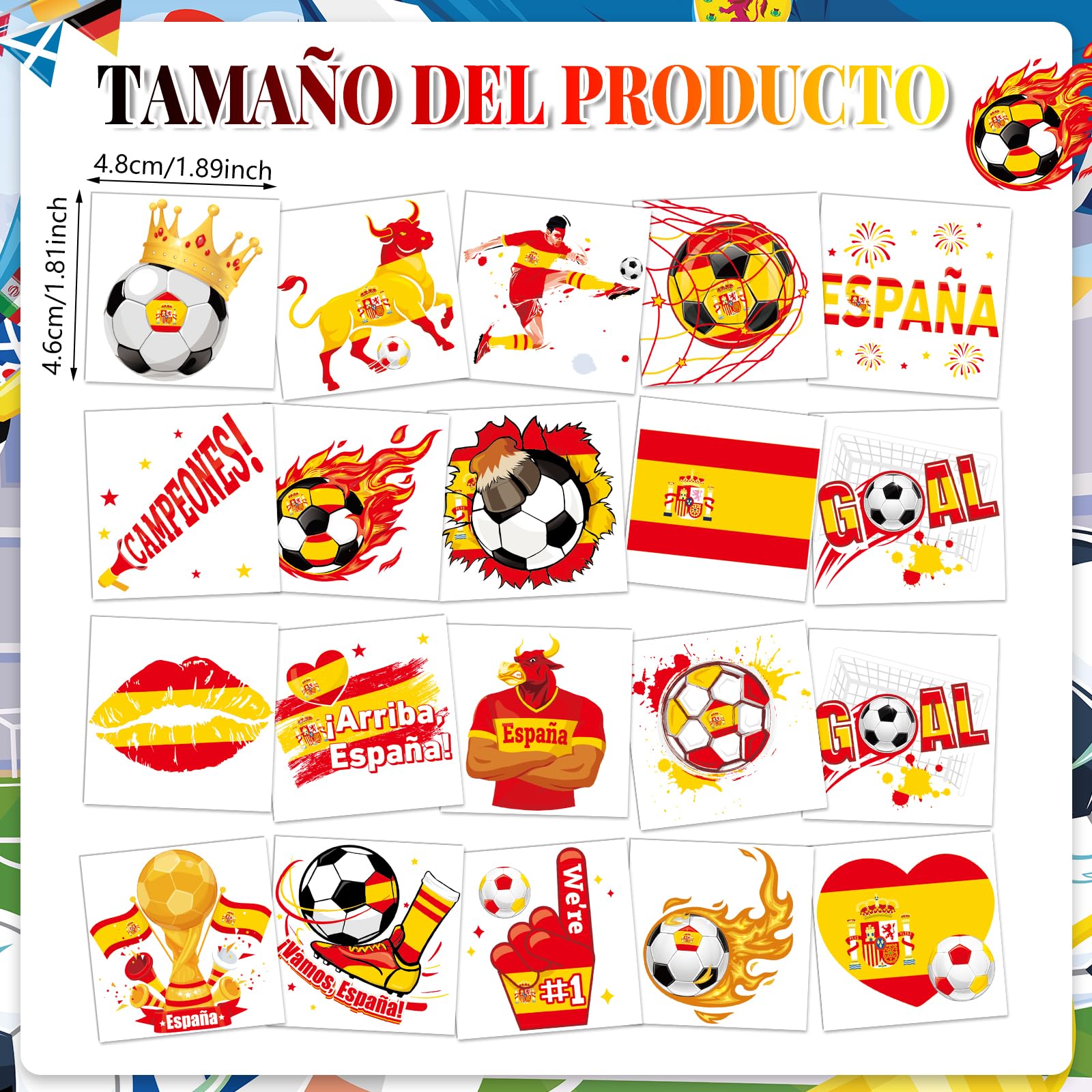 DPKOW 40 Tatuajes de fútbol de la Copa del Mundo de España, Accesorios para aficionados españoles del Mundial 2026 Tatuajes temporales de fútbol regalos de la Copa del Mundo, Decoraciones Mundial 2026 - 2