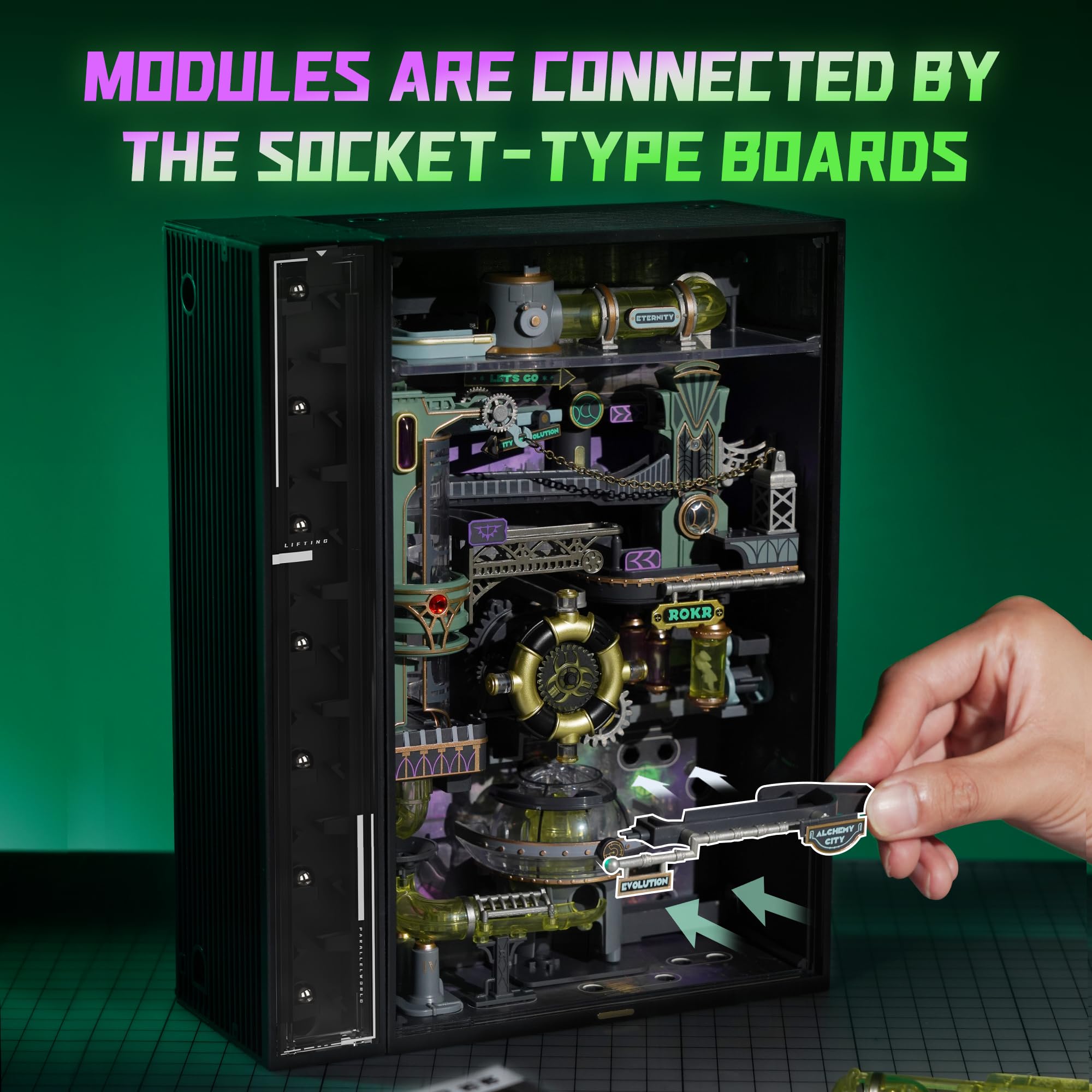 ROKR Kugelbahn 3D Puzzle Erwachsene Modell Alchemy City Gaming Deko Setup Erweiterungsfähige Kits Cyberpunk Geschenkidee für Männer-Parallel World MR04S