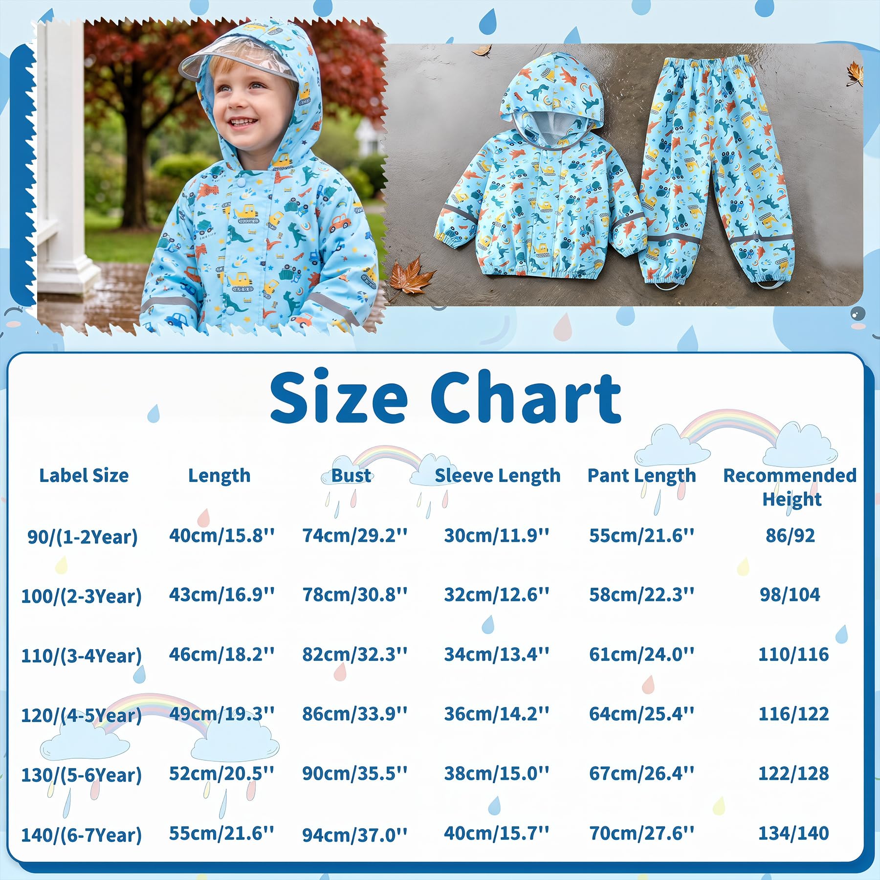 Chubasquero Niño Niña Ligero Conjunto Impermeable con Capucha y Reflectante Estampado Chaqueta Lluvia & Pantalones Traje de Lluvia Abrigos, Exteriores Ropa para Infantiles 1-7 años