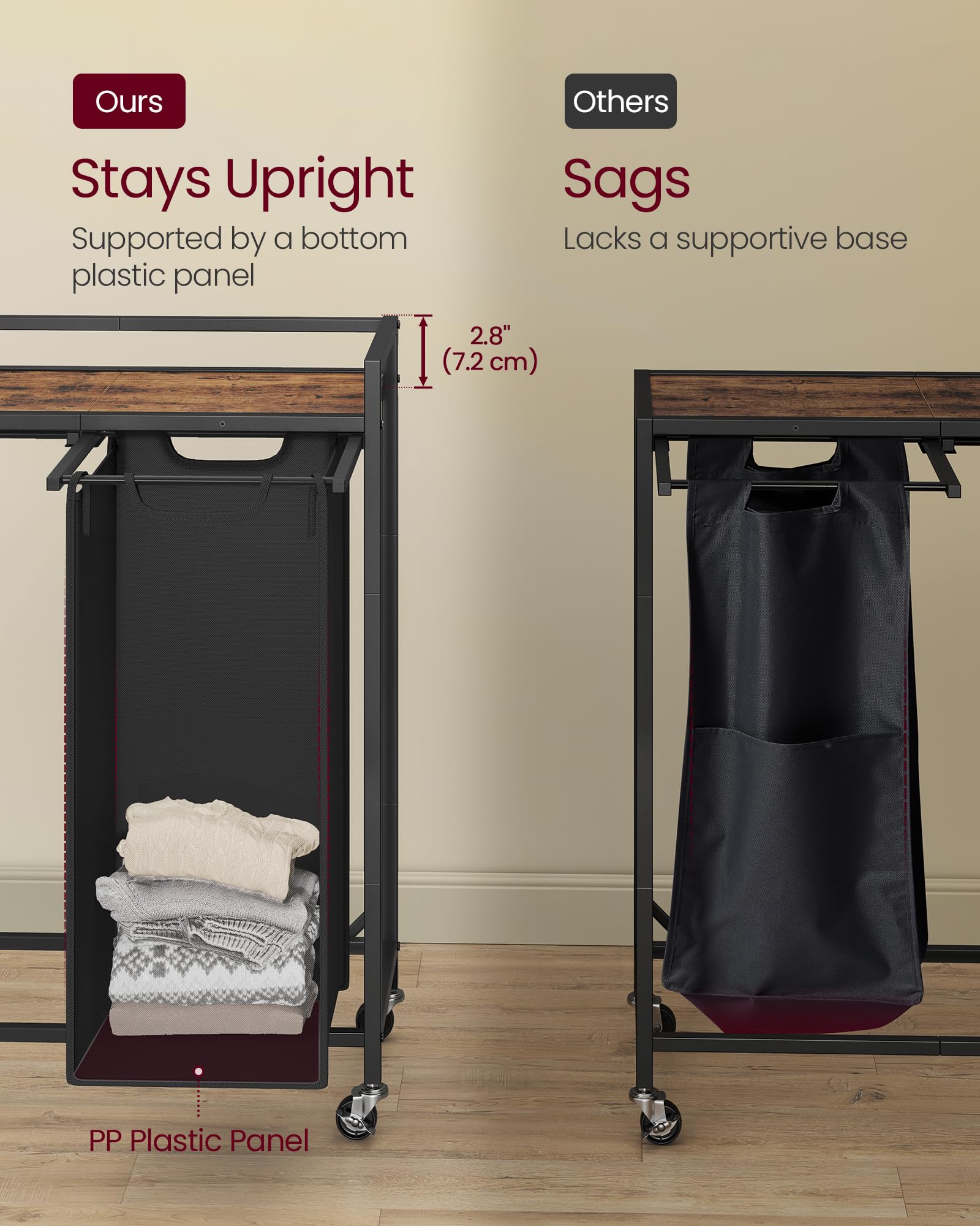 VASAGLE Cesto portabiancheria da 165 l, con 3 scomparti, carrello con ruote, mensola, borse rimovibili, tasche, inchiostro nero e marrone rustico UBLH031B01
