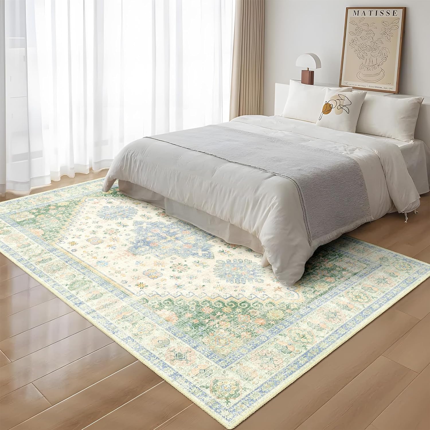 MUJOO 5x7 Area Rugs Washable,Boho Rug for Living Room Bedroom Dining Room Office,Large Throw Carpet,Non Slip Big Soft Indoor Low Pile Light Green and Blue - Image 7