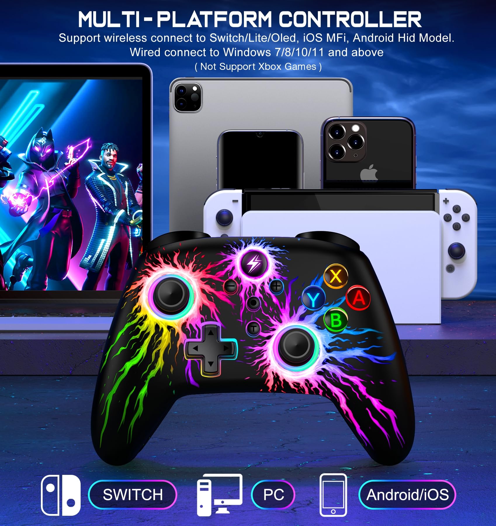 Controller wireless per Nintendo Switch Controller/Switch Lite/OLED, RGB Switch Pro Controller supporta iOS/Android/PC, Switch Gamepad remoto con Macro/Turbo/Motion Control/Vibrazione/Wake Up
