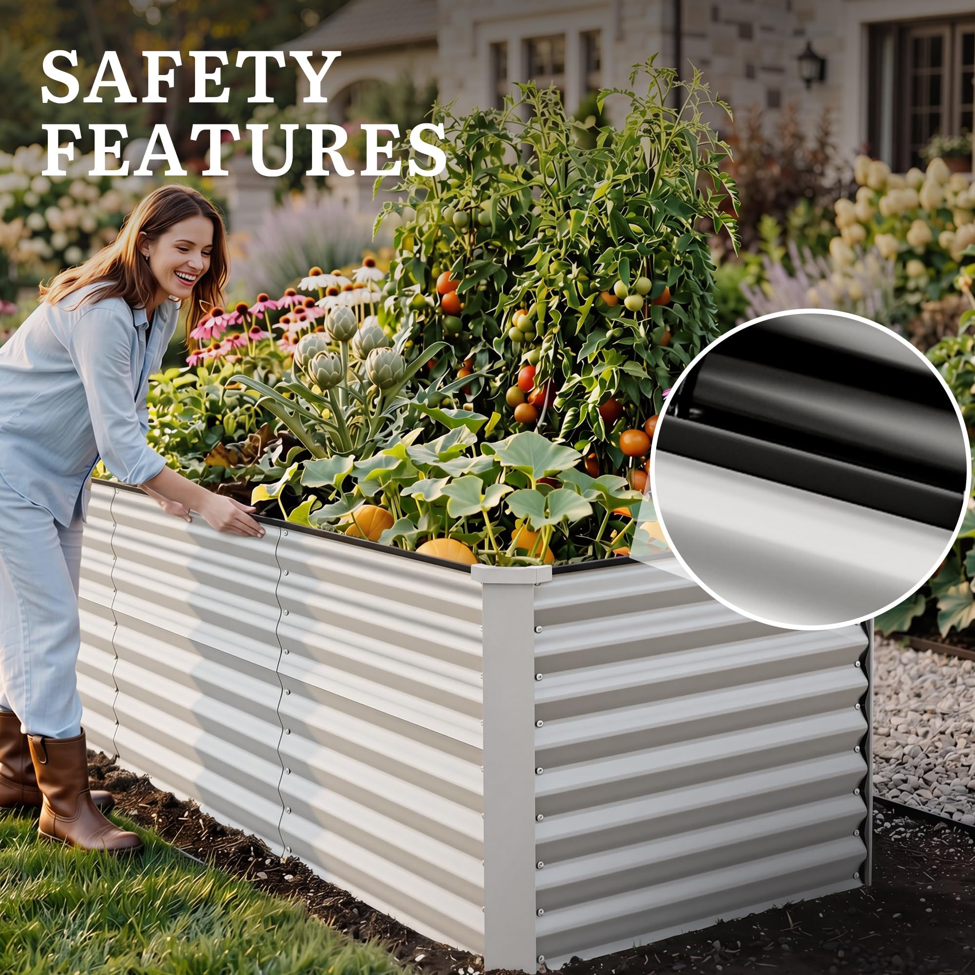 YITAHOME Outdoor Hochbeet Metall 240 * 90 * 70cm,Hochbeet verzinktem Stahlblech,Pflanzkübel für den Außenbereich mit Sicherheitsrand für den Garten, mit Stützstange Handschuhen für Gemüse(Argent)