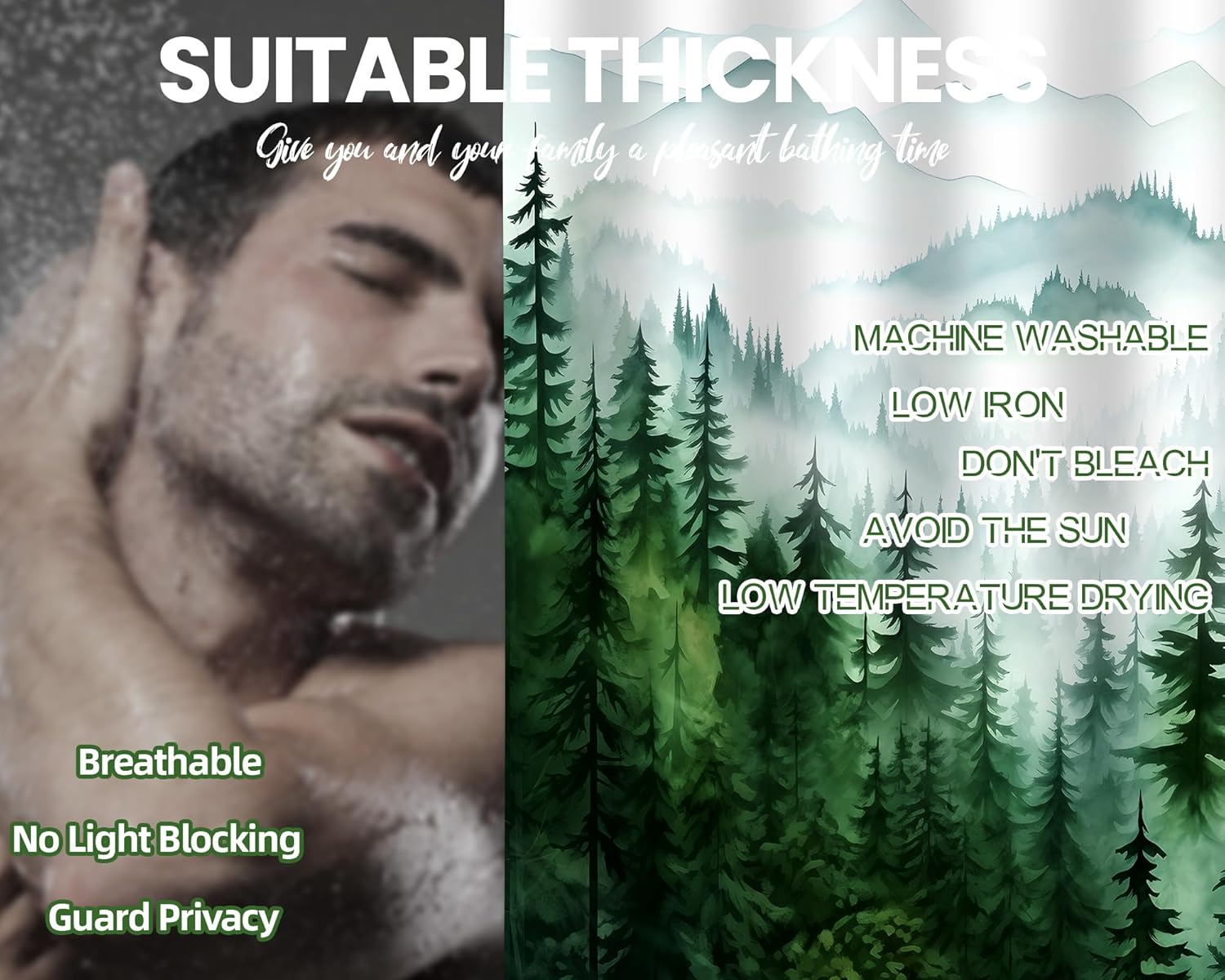 Dark Green Forest Shower Curtain White and Green Shower Curtains for Bathroom Decor Sets, Mountain Pattern, Waterproof Polyester Fabric with Hooks, 70 x 78 in