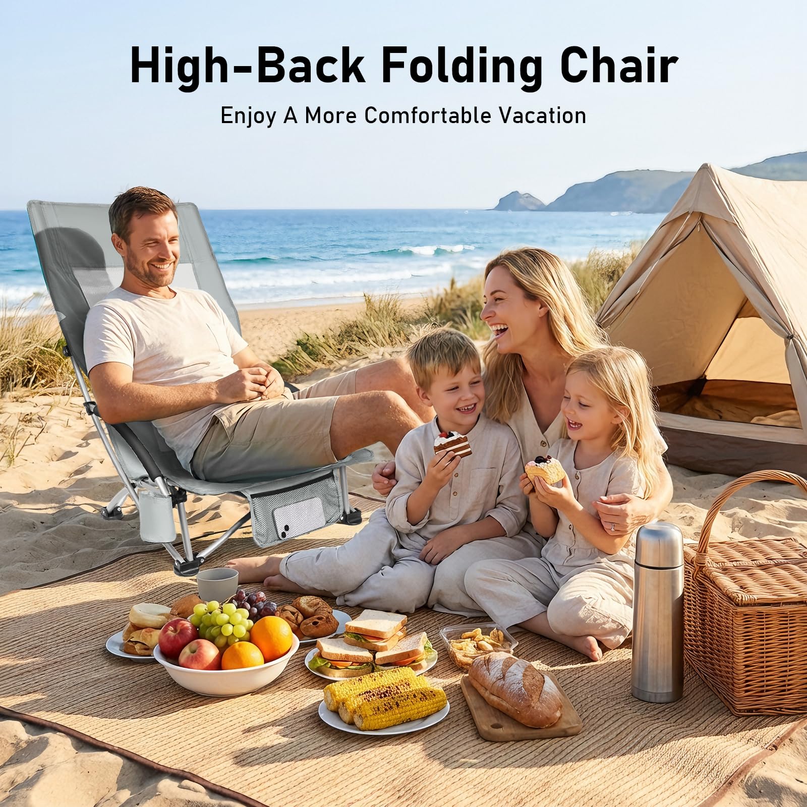 WildFun Silla de playa plegable, silla portátil de camping y pesca con respaldo alto, portavasos, soporta 180 kg para viajes, al aire libre, barbacoa, picnic, festival (2 unidades, gris)