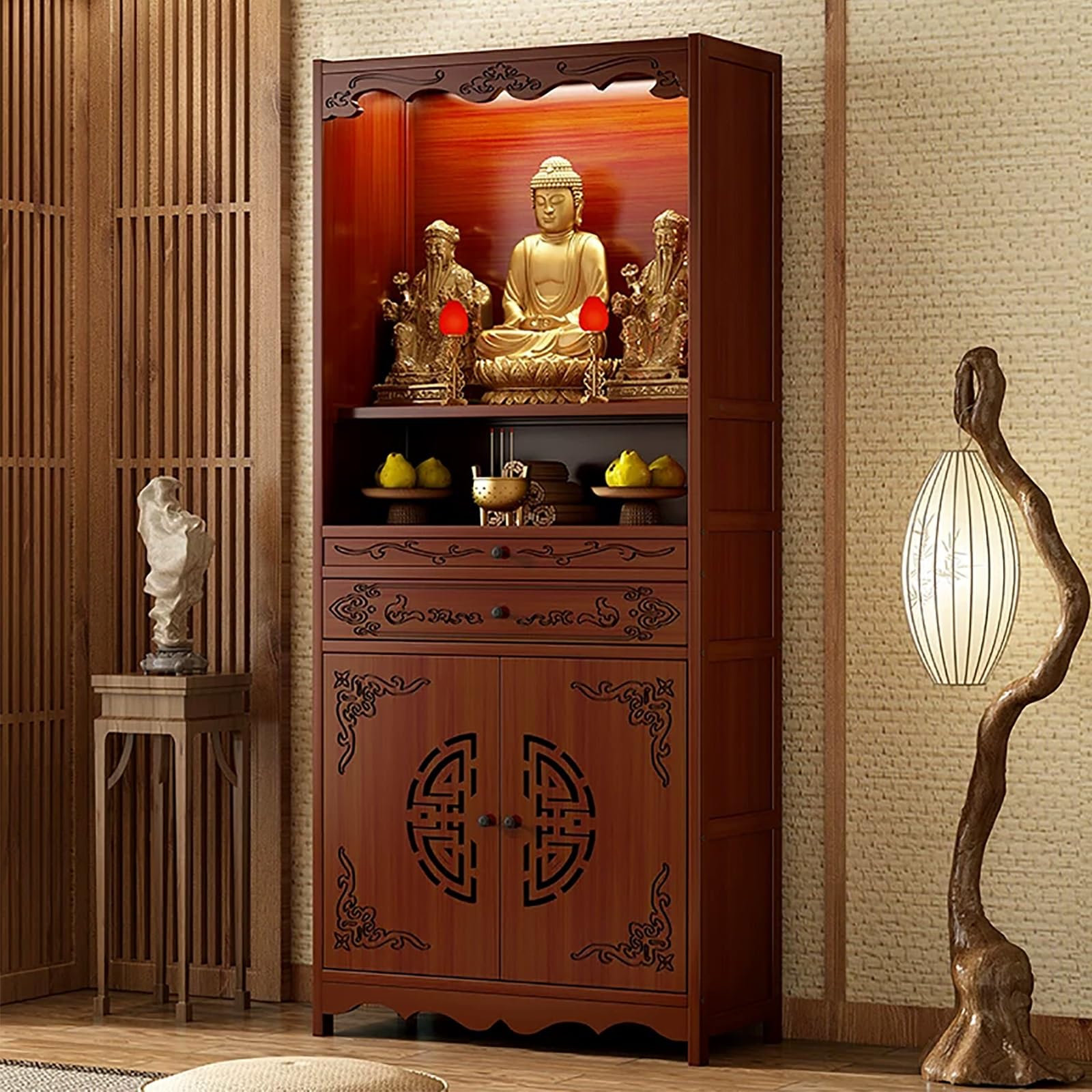 LSOPCYE Traditional Chinese Buddha Shrine,Bamboo Altar Cabinet With Drawers