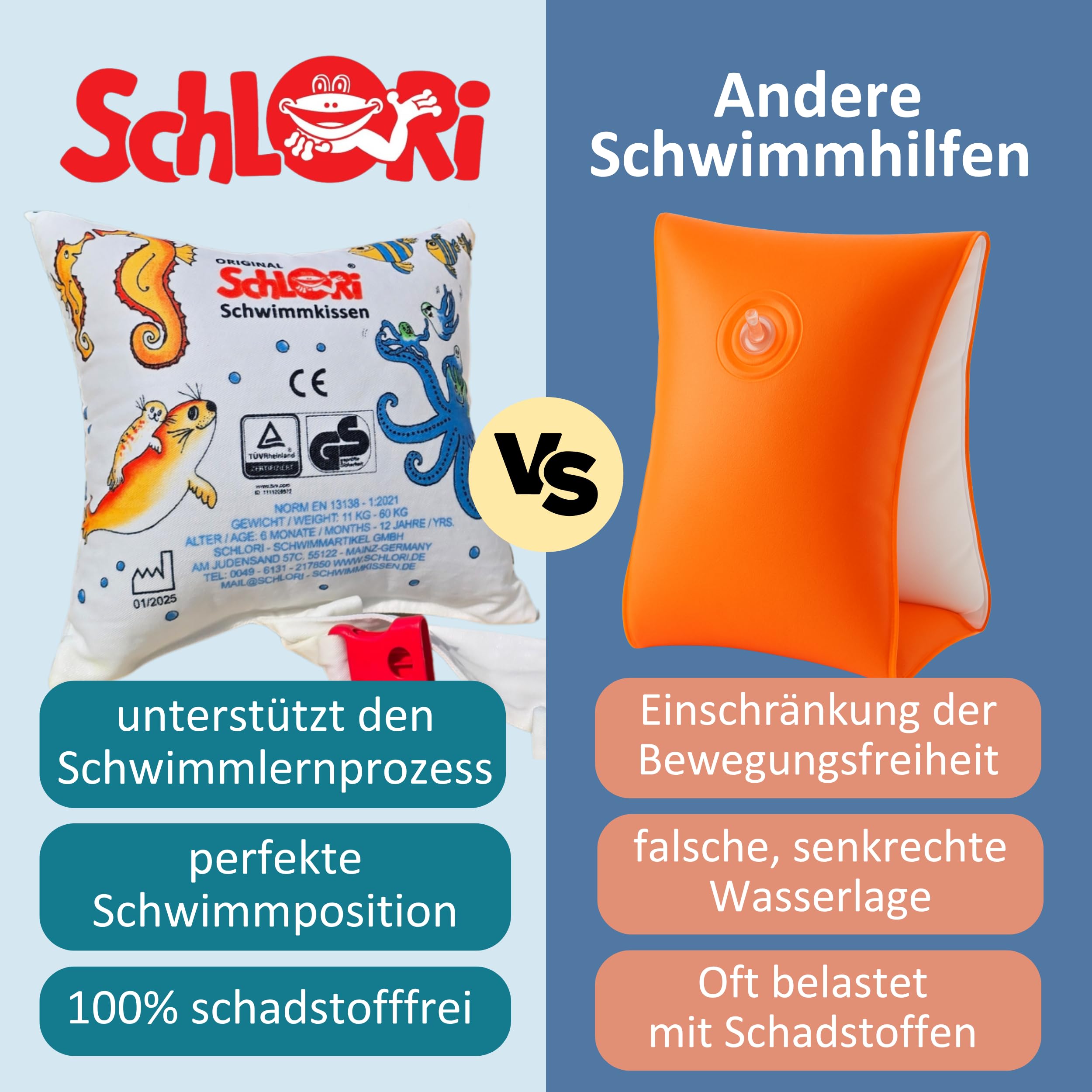 Schlori Schwimmkissen mit Schnalle, Schwimmlernhilfe für Kinder 11-60 kg, 100% Baumwolle, TÜV GS Geprüft