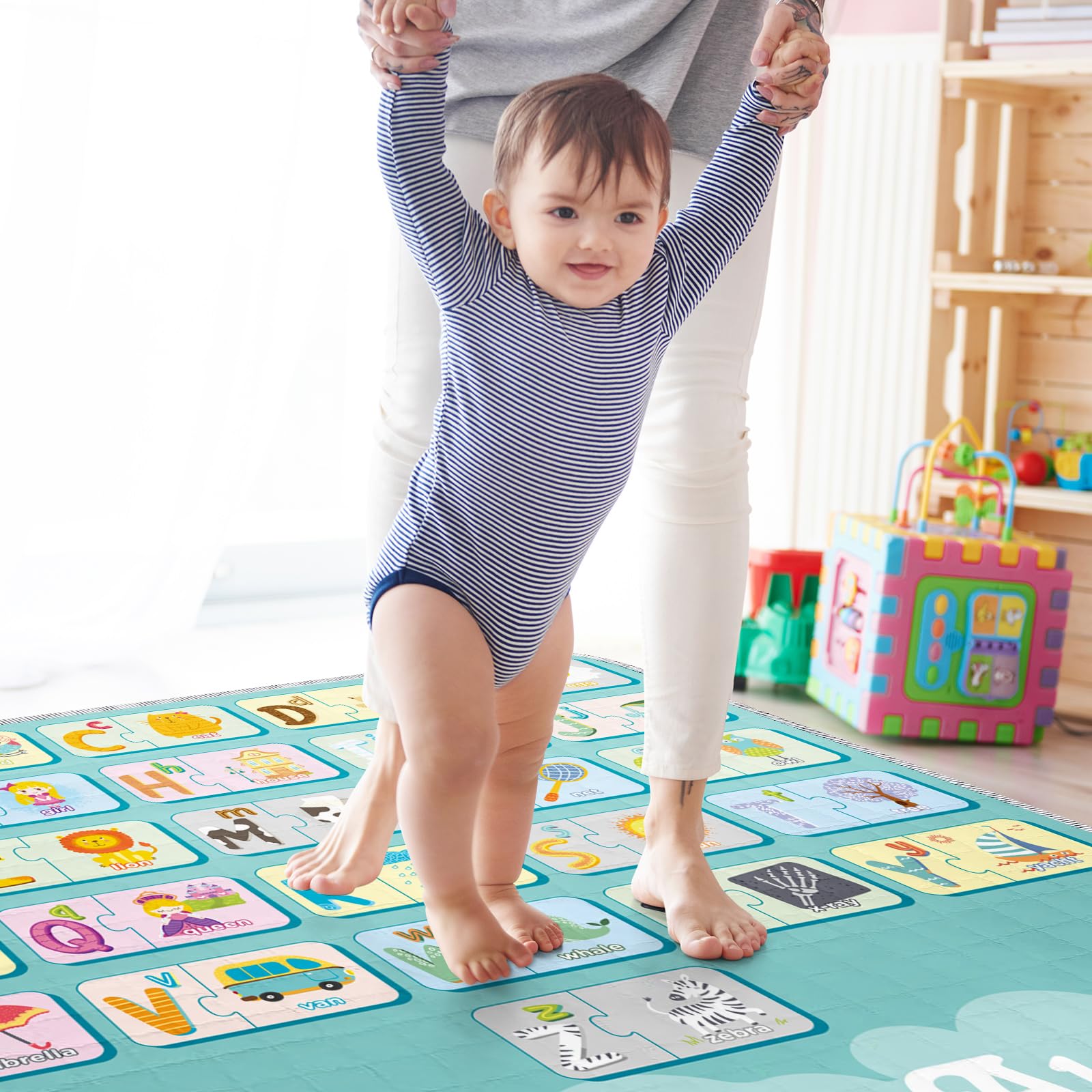 Duckbe ABC Play Mat for Baby Custom Name Foldable Crawling Mat for Toddler Kids, Infant Rug for Floor Tummy Time, Soft Washable Baby Non-Slip Activity Mat Nursery Decor Baby Gift(43