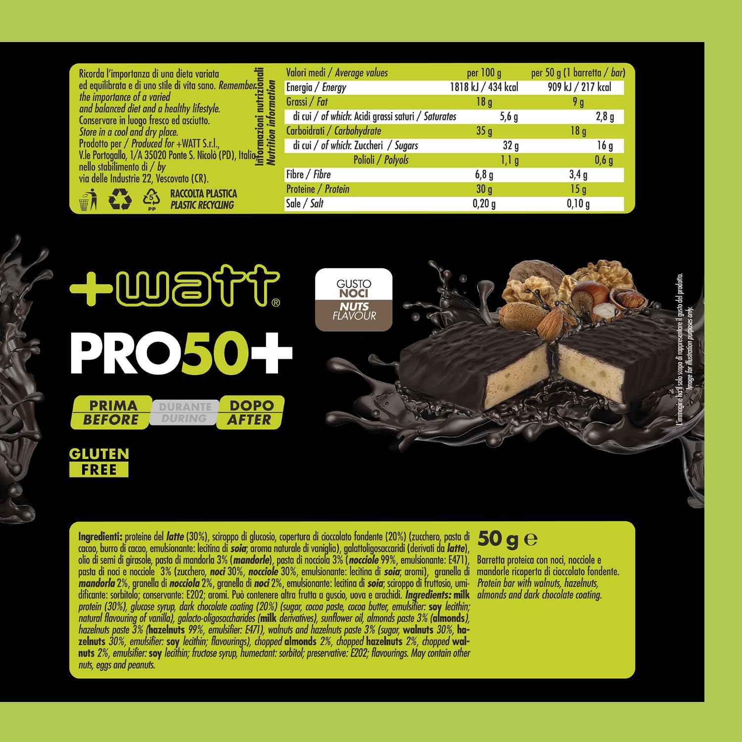 PRO50+ - Barretta Proteica Ricoperta di Cioccolato - Formato: BOX 24x50 g - Gusto: Noci