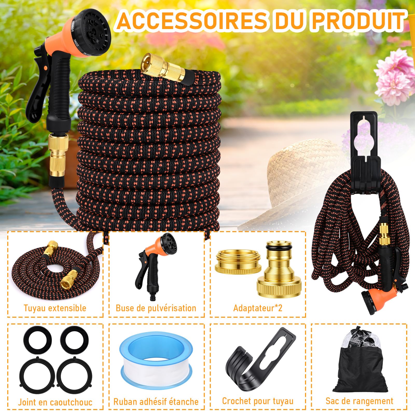 Manguera Extensible 30M/100FT, Manguera de Jardín Extensible Pistola de Riego con 8 Funciones Pistola Hose Con 3/4" y 1/2" Accesorios de aleación de zinc. el Riego de Plantas Hortícolas (Orange)