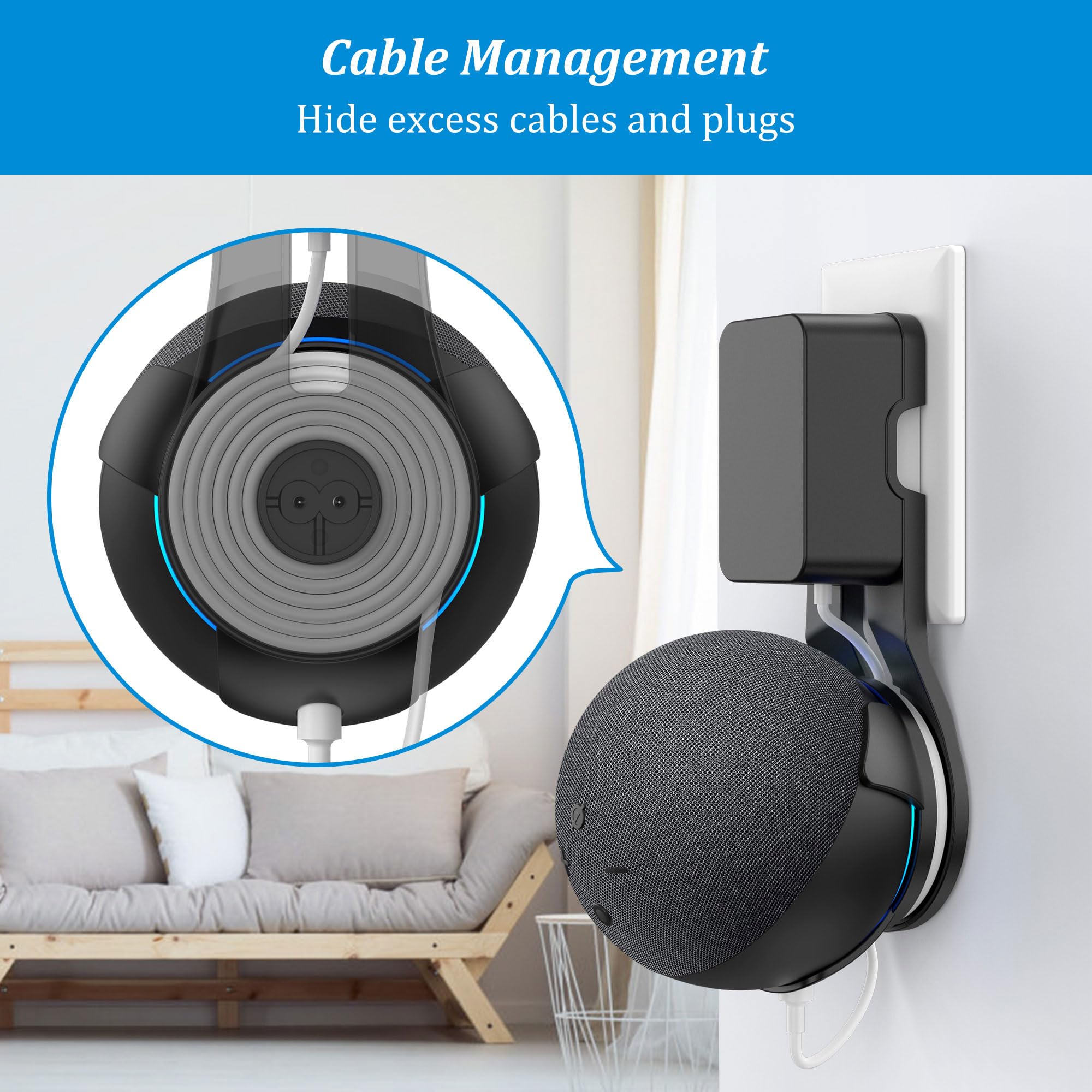 PlusAcc Steckerhalterung für Dot 5 Gen und Google - Wandhalterung mit integriertem Kabelmanagement zum Verstecken der Kabel, Steckdosenhalterung für Wohnzimmer, Schlafzimmer und Küche (Schwarz)