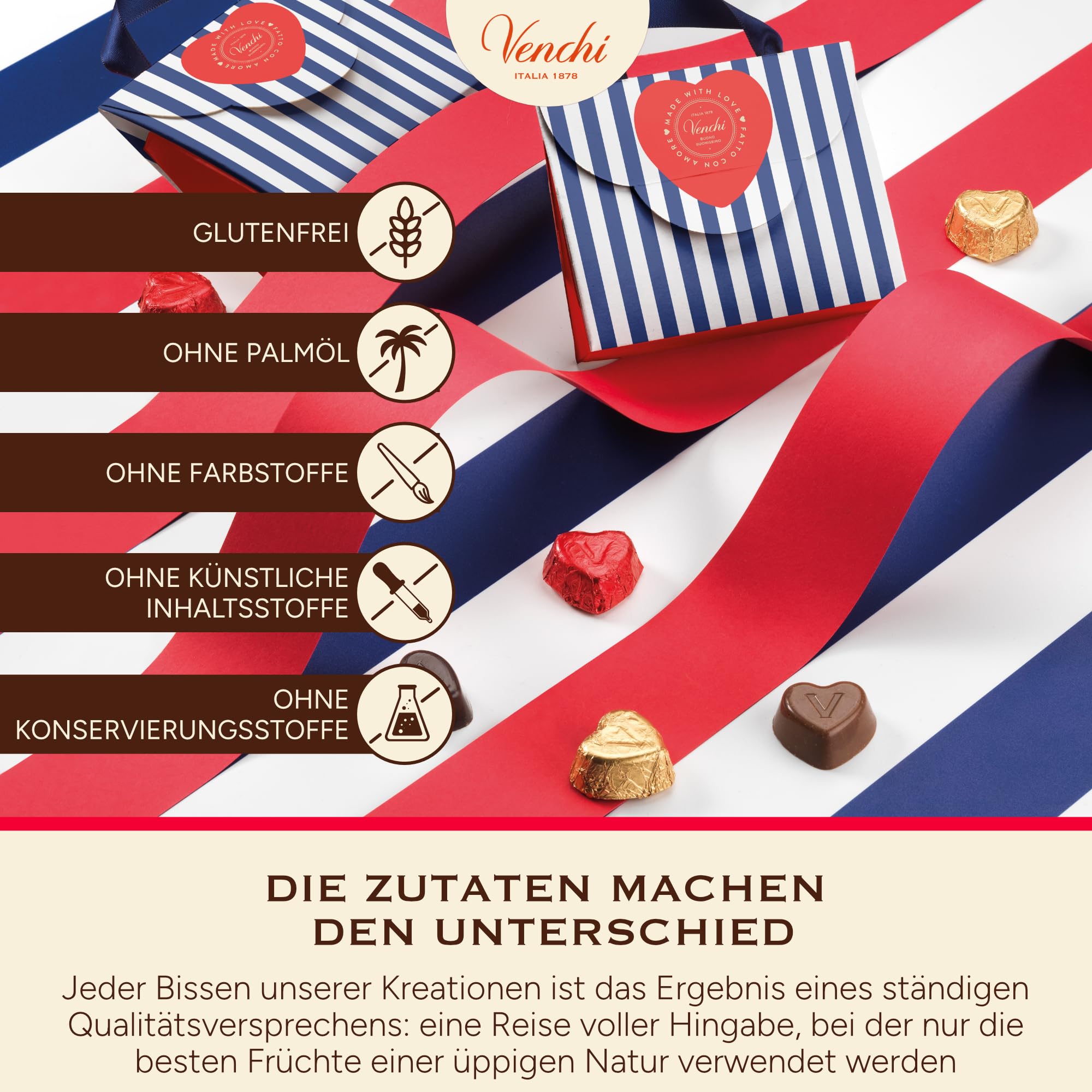 Venchi - Herzförmige Pralinen, Extra Zartbitter, 1 Kg, Vegan, Glutenfrei, Ohne Farb- und Konservierungsstoffe, Geschenkidee zum Muttertag
