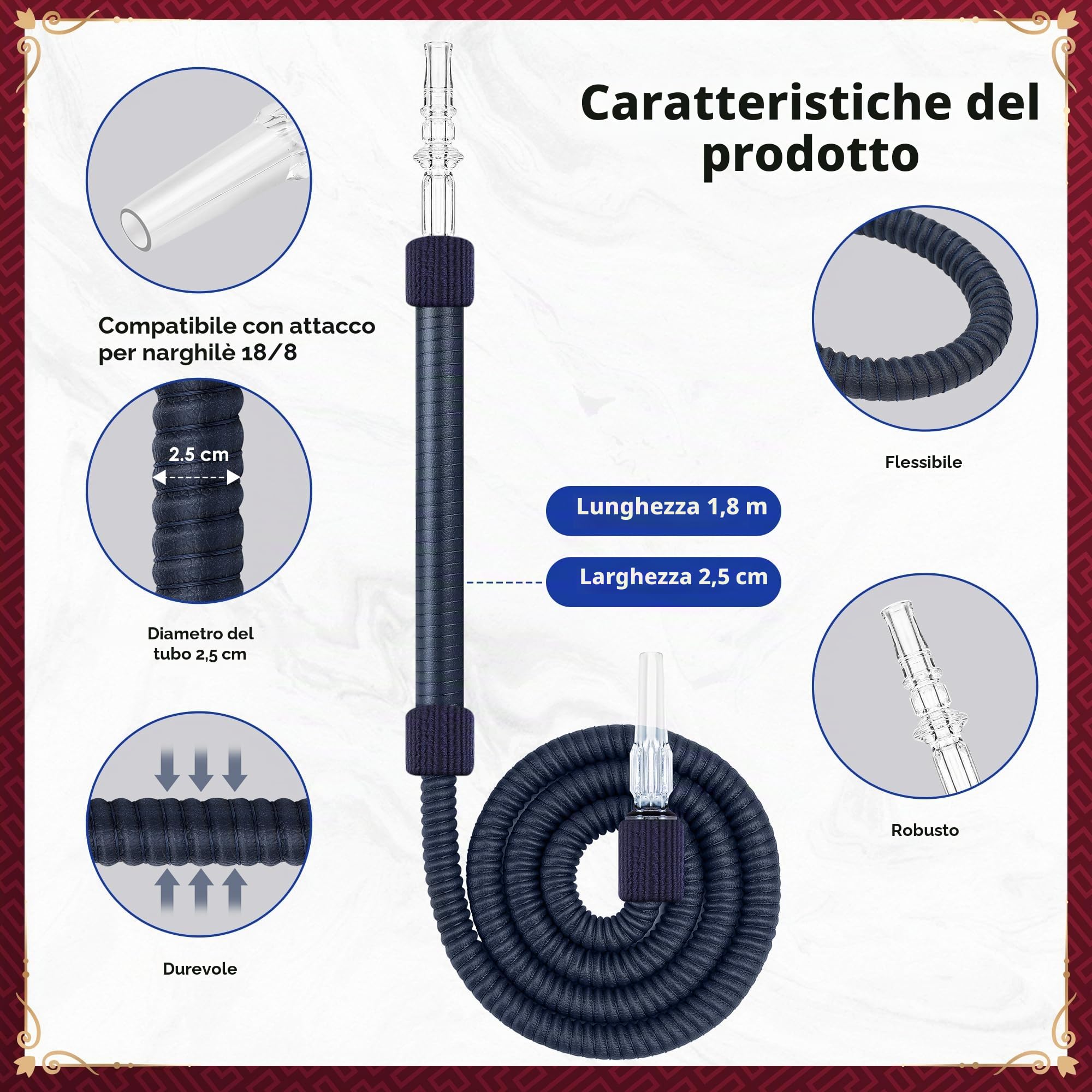 Luna Tradi Hookah - Set completo per narghilè, in metallo di alta qualità, con ciotola in vetro, testa in pietra, tubo in similpelle con bocchino, pinza, forchetta, blu