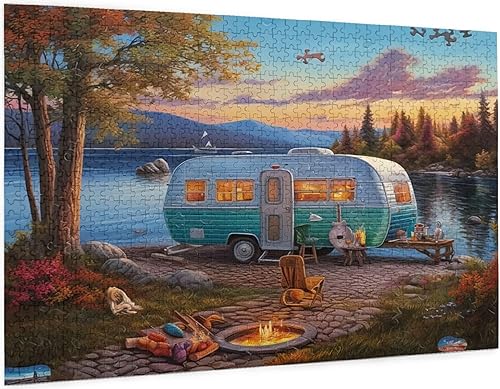 Miniatura 10 de Rompecabezas de 500 piezas para adultos y familias, auto de campamento, junto al lago, formación de fogata de madera para juguetes, regalo,