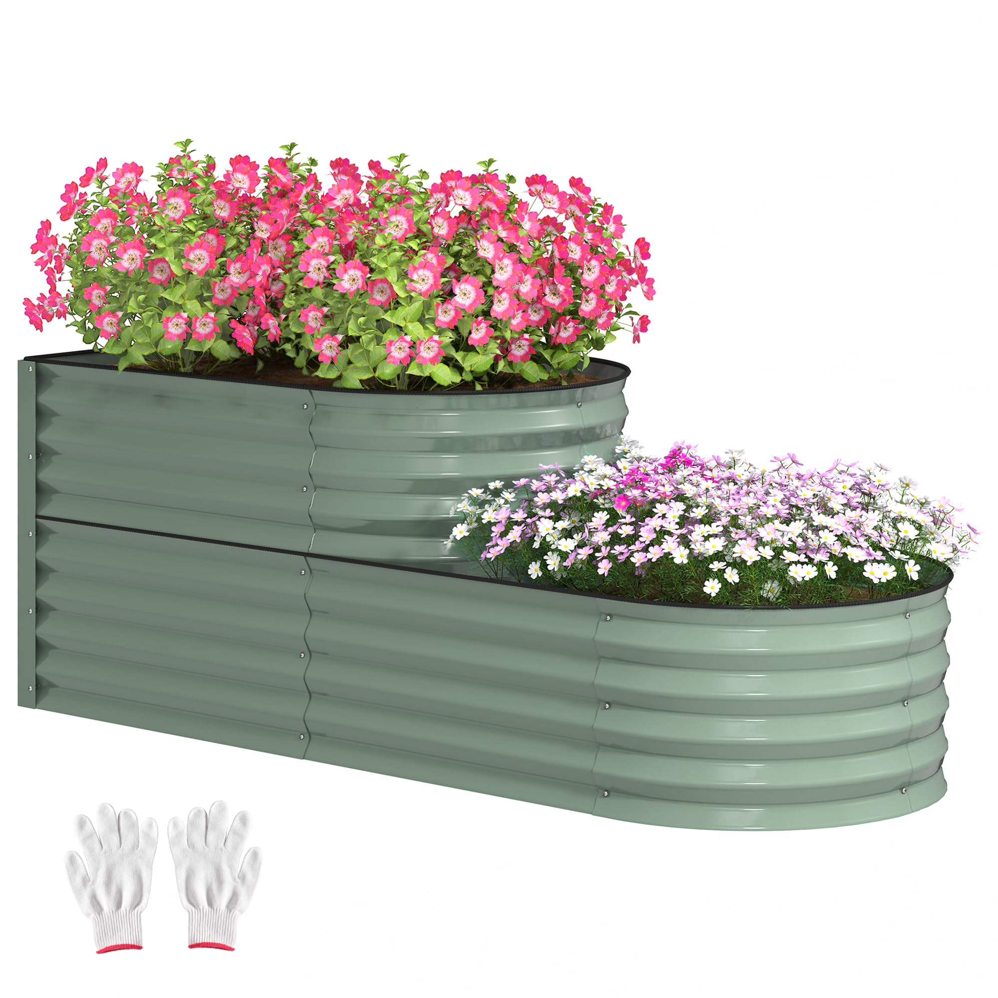 Outsunny 2-Tier Galvanised Raised Garden Bed With Safety Edging Light Green