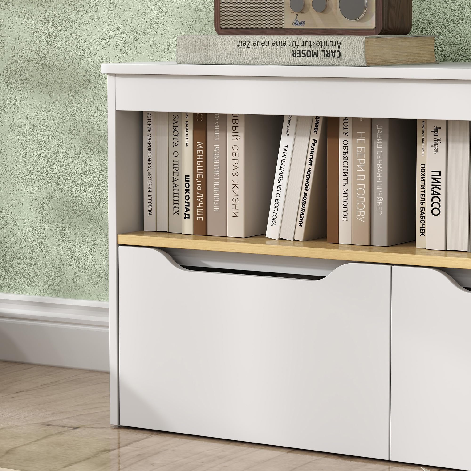 AIYAPLAY Estantería para Juguetes Infantil Librería Infantil con 2 Cajones y Compartimento para Salón Dormitorio Sala de Juegos 80x30x45 cm Blanco