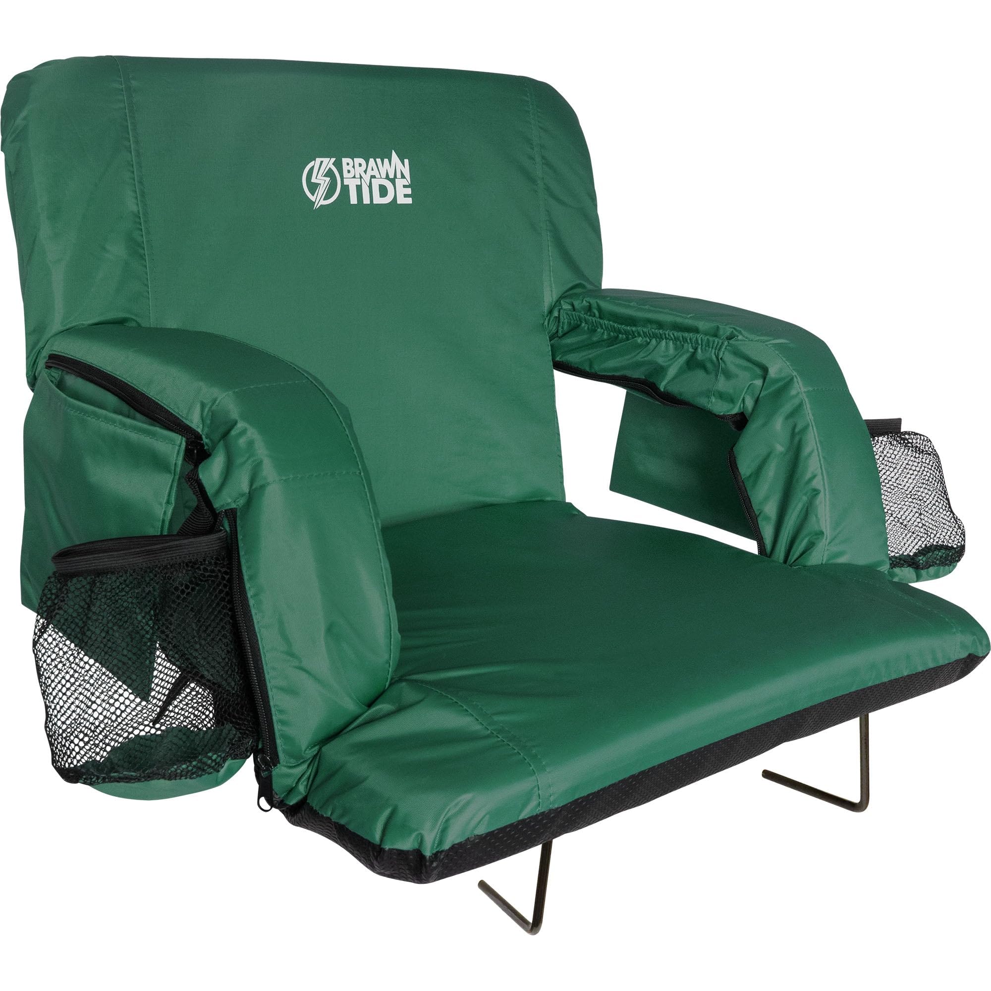 brawntide stadium seat with back support - comfy cushion, thick padding, 2 steel bleacher hooks, 4 pockets, 2 cup holders, reclining back, ideal chair for sport events, beaches, camping, concerts