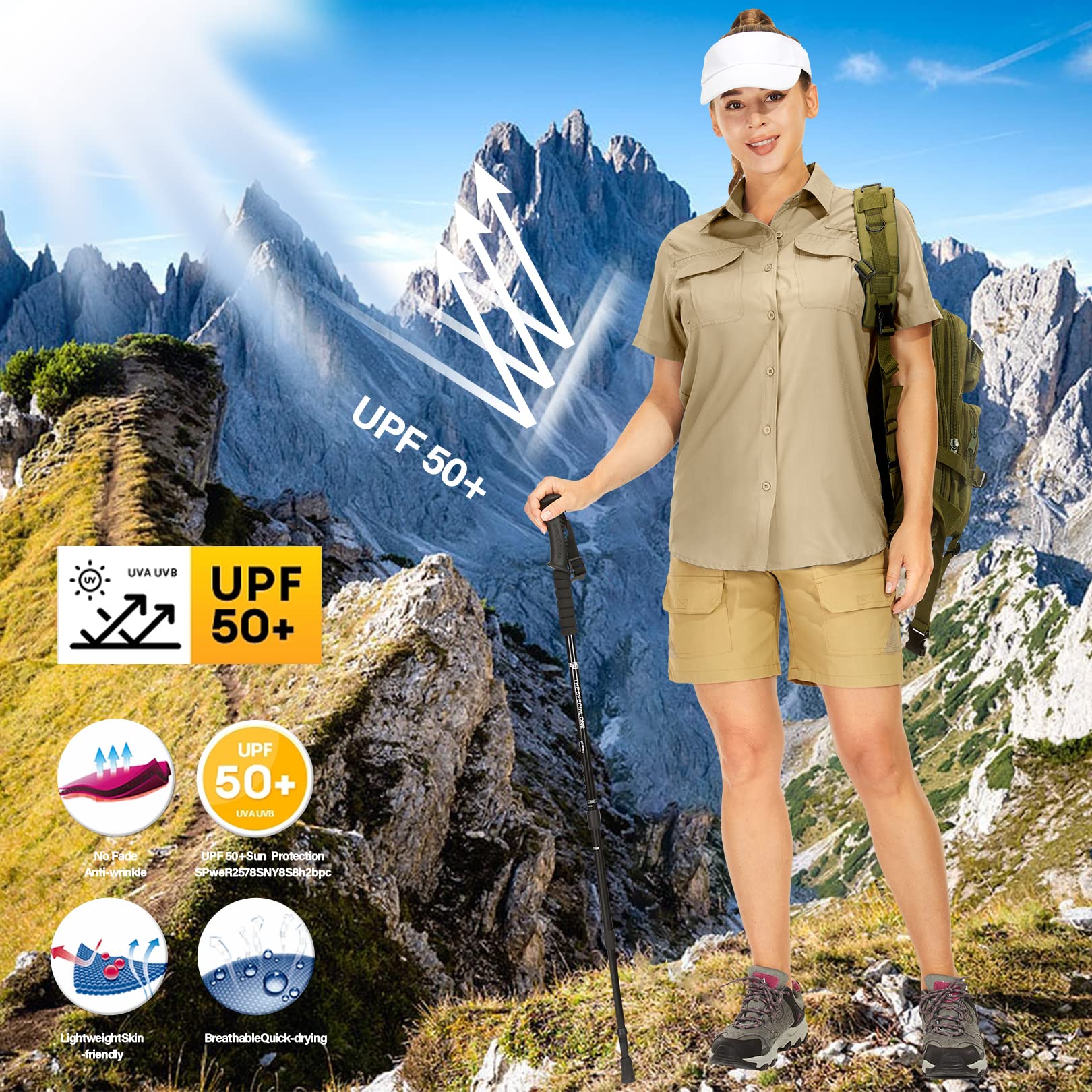 yeyity Hemdbluse Damen Kurzarm UV Schutz Wander Shirt Damen Atmungsaktiv Safari Hemd Schnelltrocknende Outdoorhemd,Sommer Tops