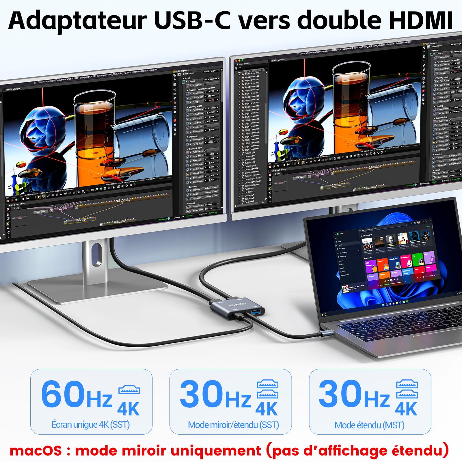 KiWiBiRD Double adaptateur HDMI pour 2 moniteurs HDMI Splittter écran étendu USB C vers double HDMI adaptateur pour 2 moniteurs 4K PD 100 W 2160p 1440p 1080p HDCP compatible avec ordinateur portable