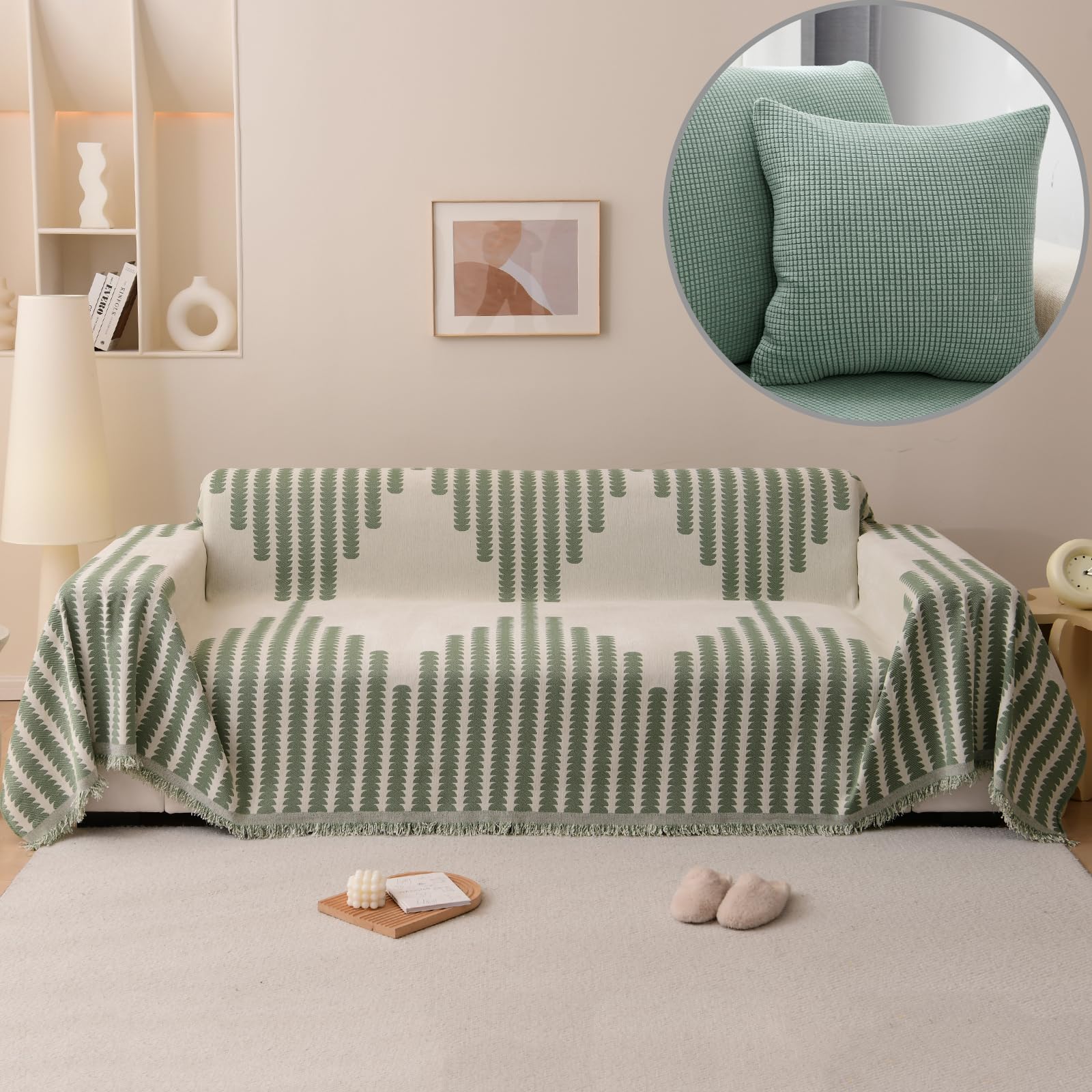 OKYUK Boho Chenille Sofa Cover 2/3/4 Seater & Corner Sofa, Washable, Tassel Design, Pet-Friendly, Breathable