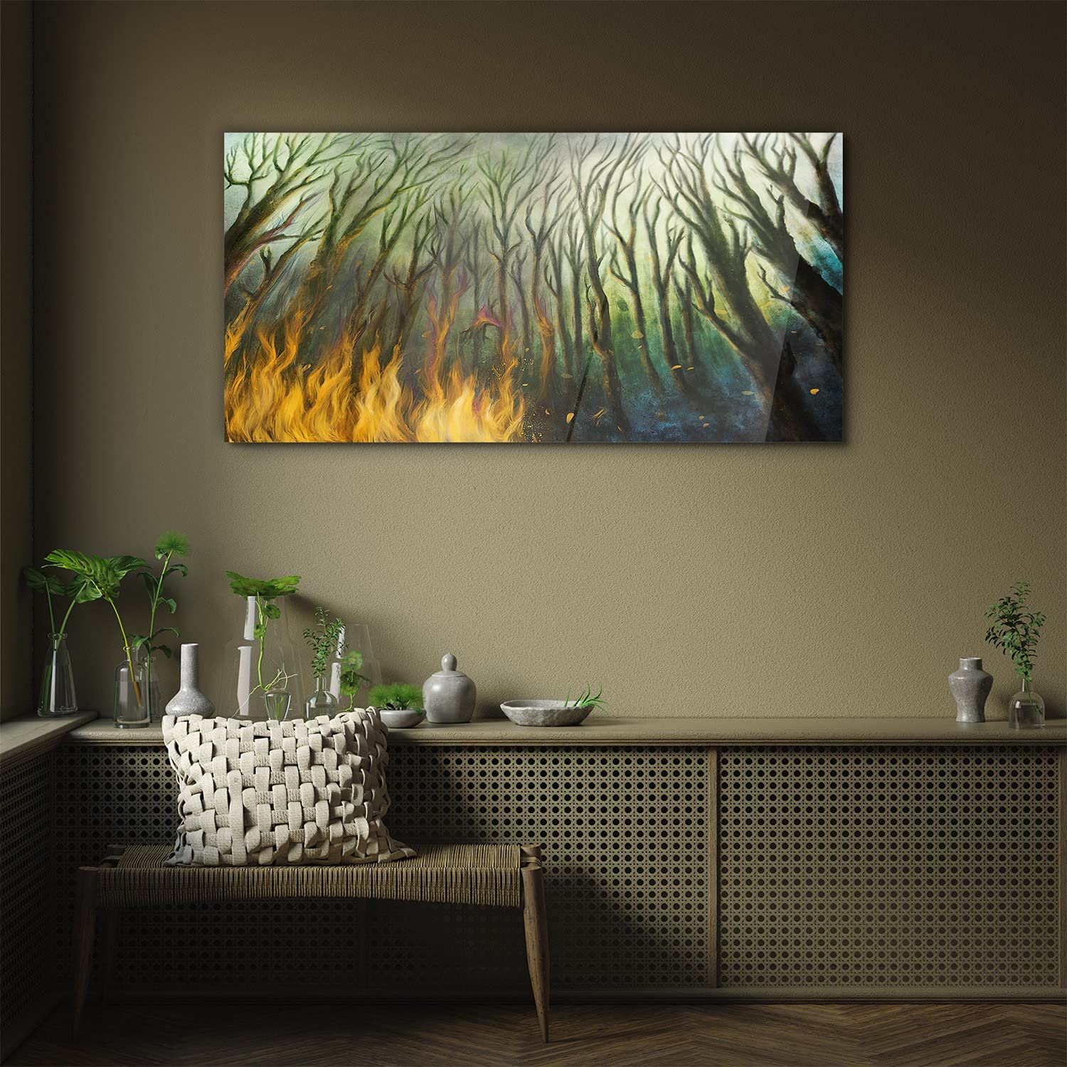 Coloray Pintura Vidrio Acrílico Acryl 100x50cm Mural Cocina Sala De Estar Cuadro De Pared De Arte De Vidrio - Pintura De Incendios Forestales De Árboles