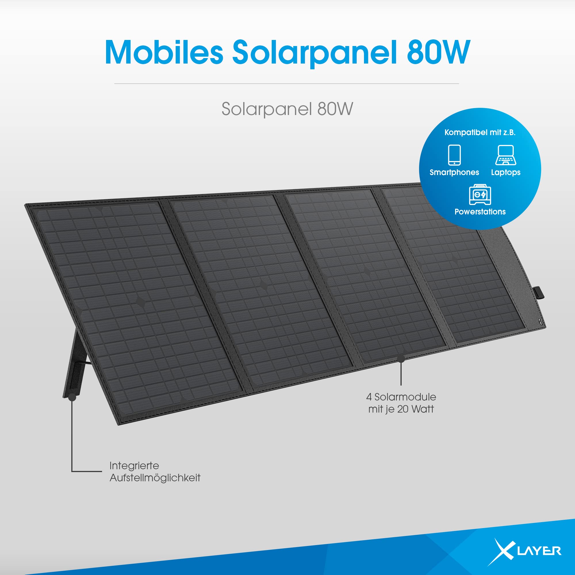 XLayer Solarpanel faltbar I 80W I tragbare Solartasche I Solaranlage Balkonkraftwerk I USB-C I mobile Stromversorgung I schnelle Ladung I Camping Zubehör Solarmodul Wohnwagen Reisen Survival Outdoor
