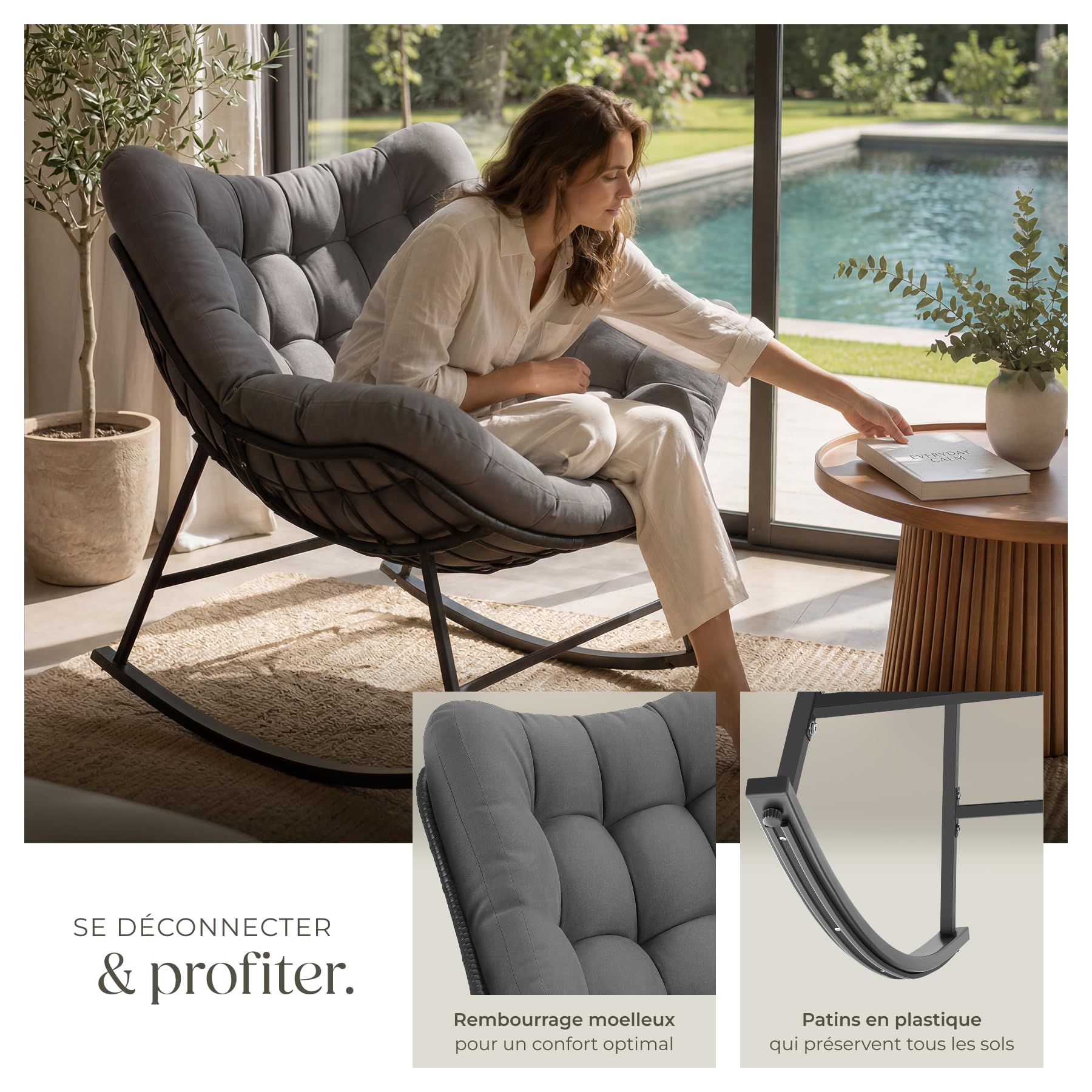 tectake® Fauteuil à Bascule 93x99.5x89 cm, Rembourrage épais avec Motif matelassé, Résistant aux intempéries, Max. 120kg, Structure en Acier, Assise en rotin tressé, Rocking Chair - Gris Anthracite