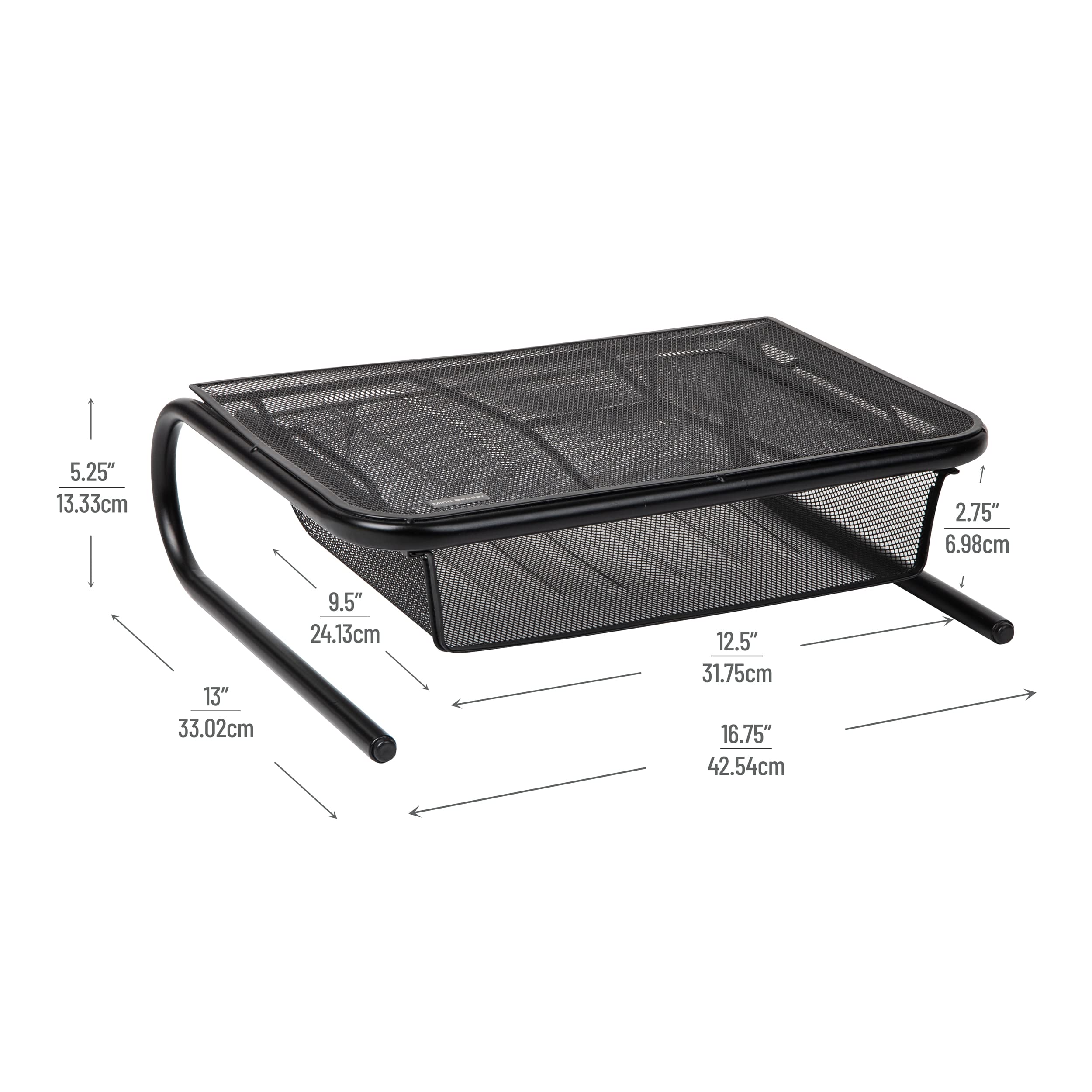 Mind Reader - Supporto per monitor in rete metallica con documenti, cartelle o accessori da scrivania, cassetto nero W