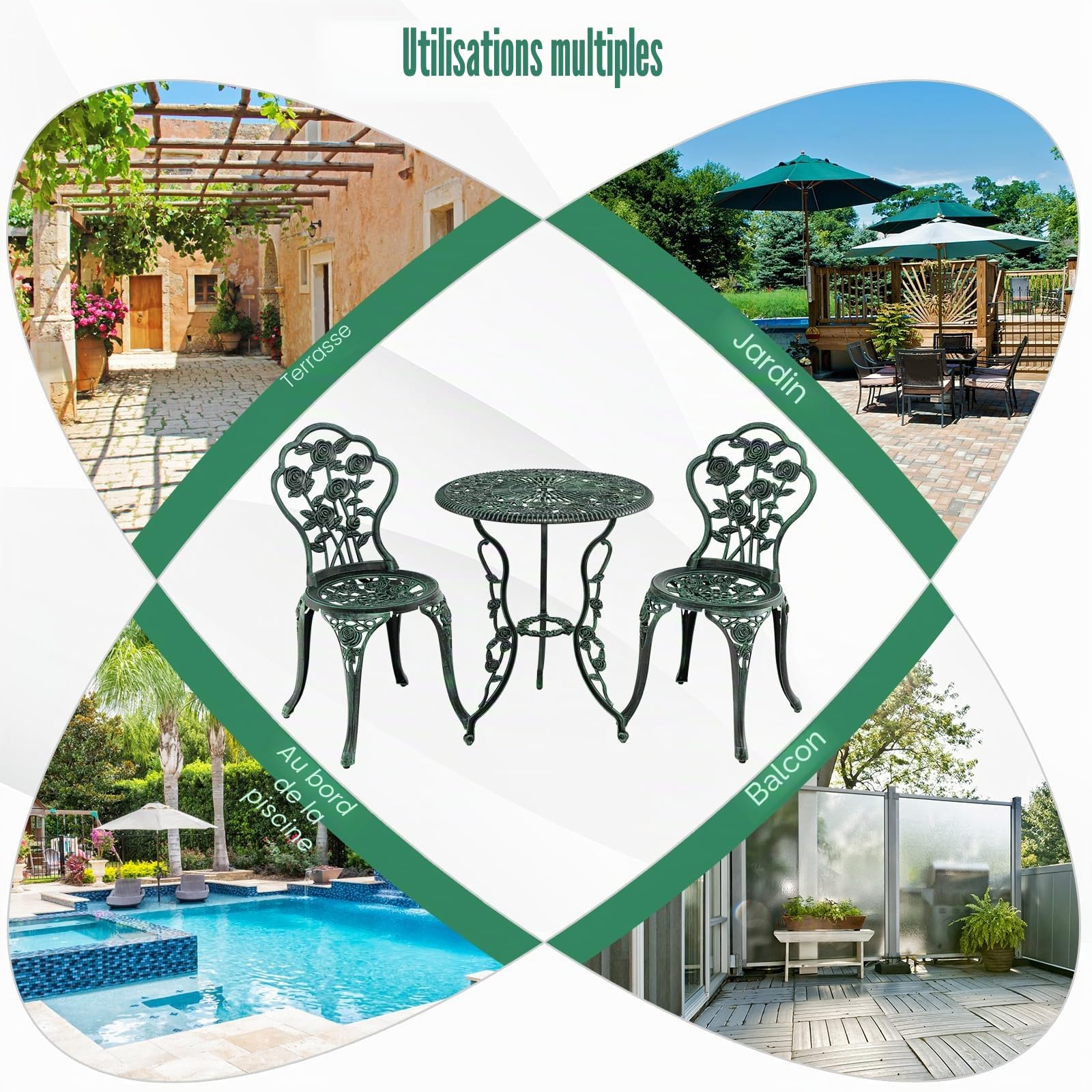 Salon de Jardin 2 Personnes Fonte Aluminium Table Extérieure avec 2 Chaises Trou Parasol Motif Rose Vert