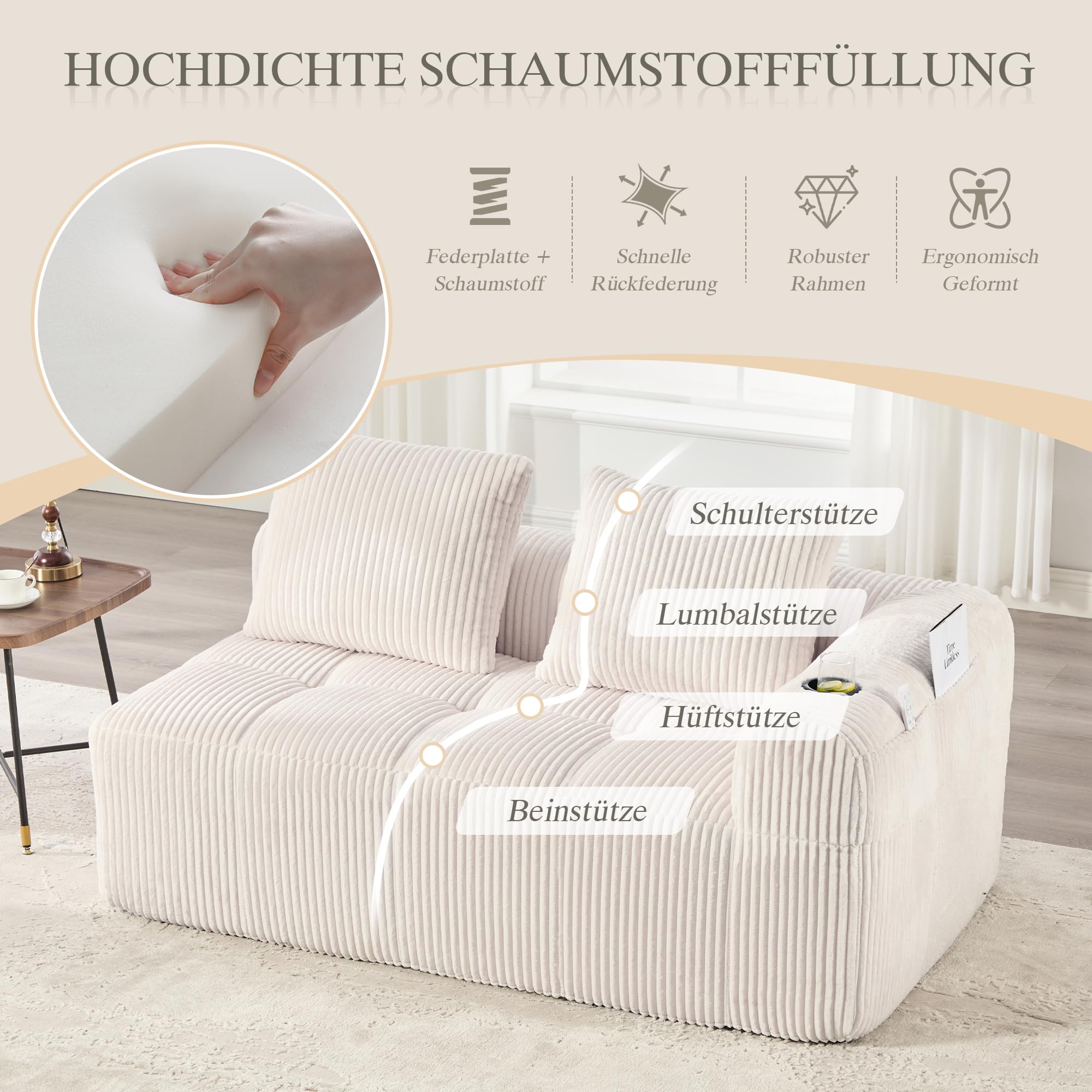 Zweisitzer Cord Sofa mit Getränkehalter & Seitentasche, Modulares Polstersofa inkl. 2 Kissen, Kompakte Stoffcouch für Wohnzimmer & Arbeitszimmer, Beige