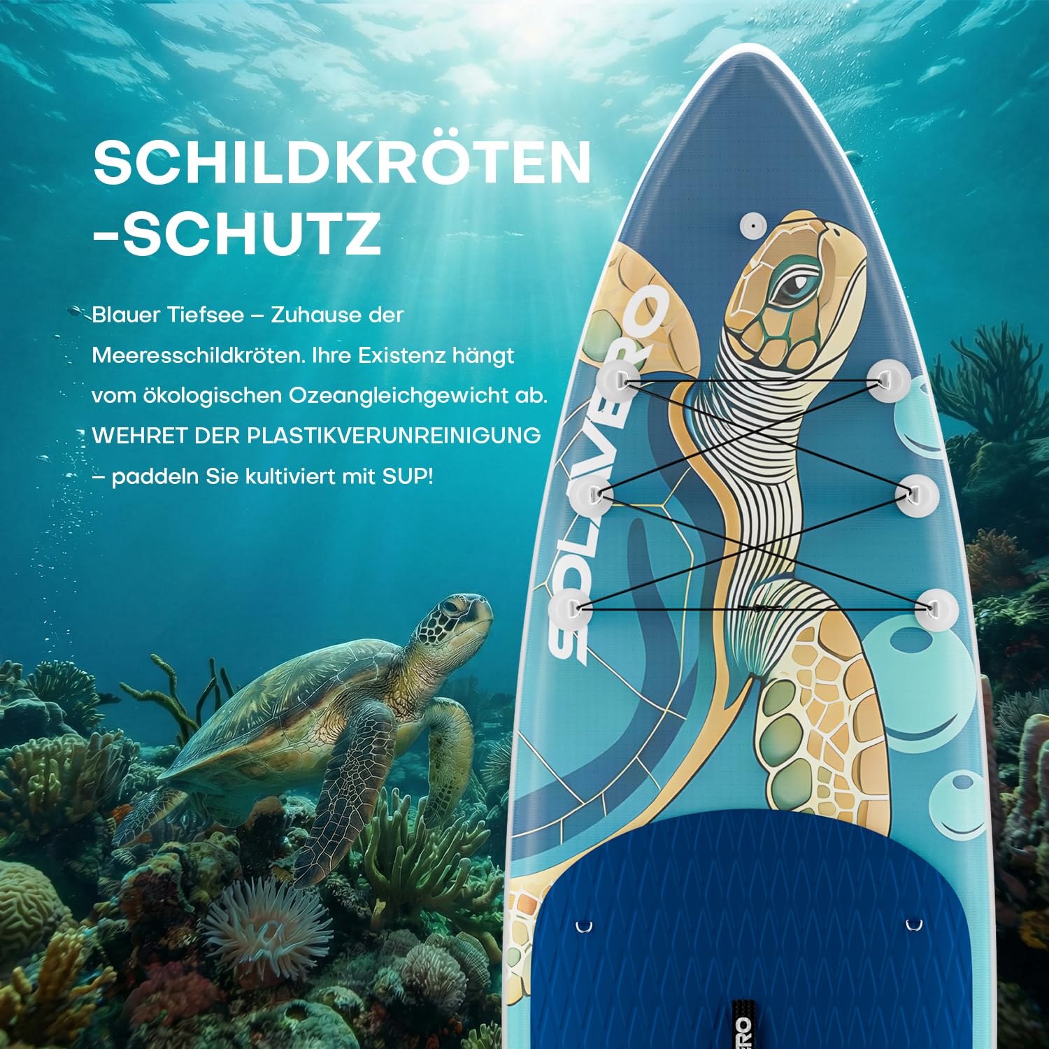 SOLAVERO Aufblasbares Stand Up Paddling Board 335 x 86 x 15 cm, bis 200 kg | SUP Board Set mit Komplettset, Paddel, Finnen & Luftpumpe, PVC Stand Up Paddle für Erwachsene, Familien und Anfänger