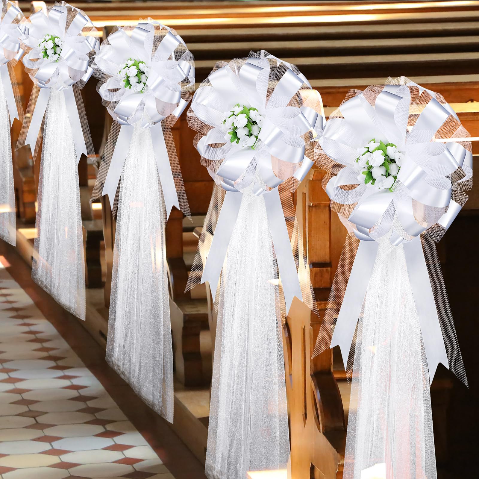 Pearl Tie Riceshoot 34 Pcs Church Pew Wedding Decorations White Fabric  Tulle Silk Flower Pew Clips Wedding Aisle Decor For Church Ceremony Banquet  Party Reception(White Wedding Bows For Church Pews, image size:1600x1600