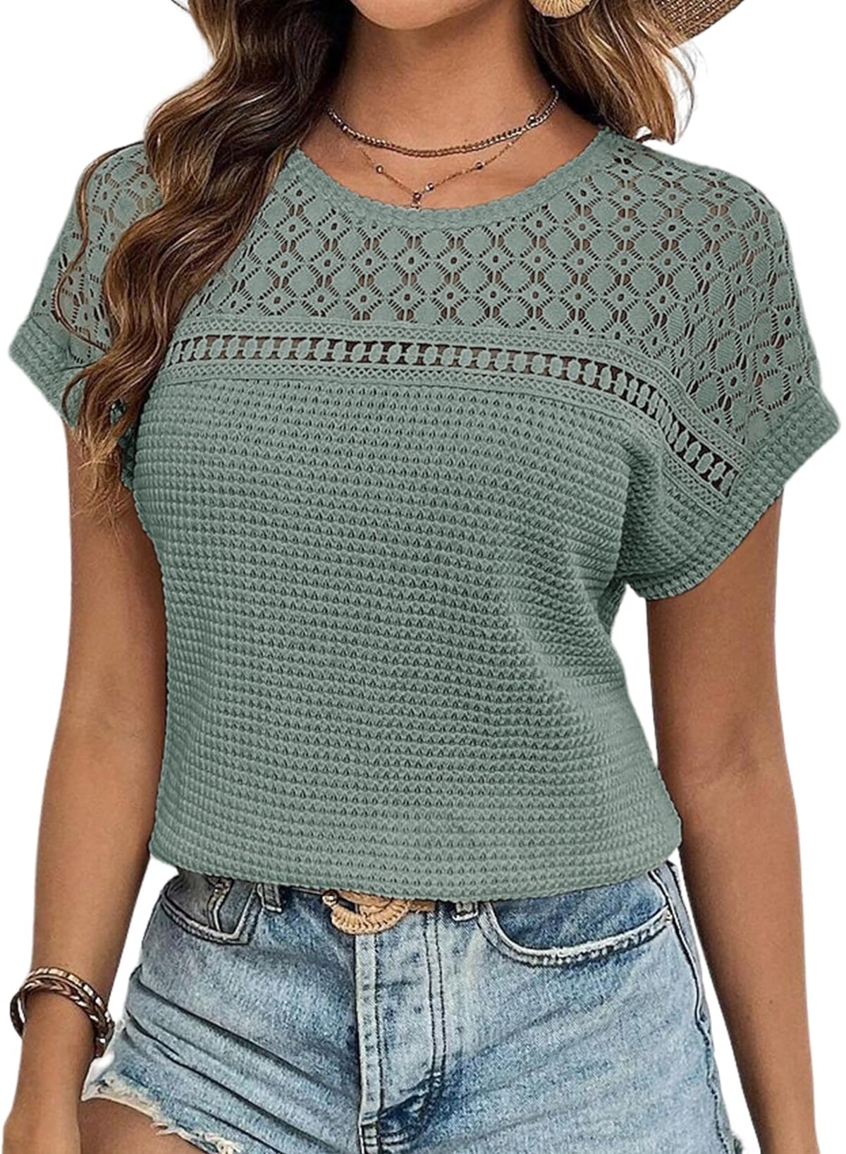 Dokotoo Damen Bluse Sommer Spitzen Kurzarm Blusenshirt Elegant Rundhals Flügelärmel Tshirt Einfarbig Lose Oberteile Shirts Tunika S-2XL