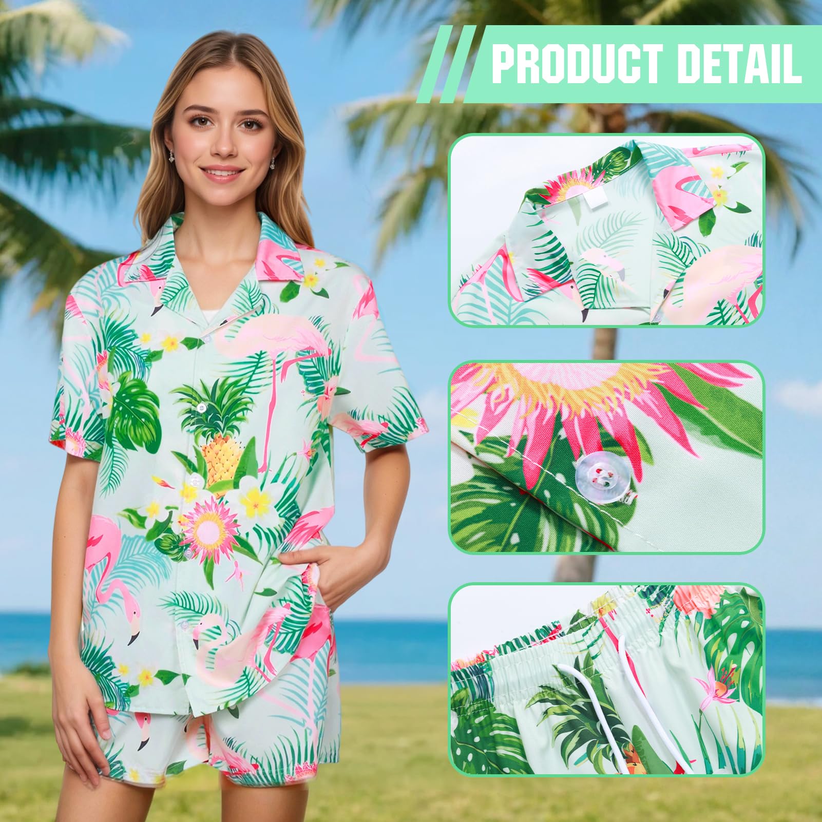Camicia hawaiana da donna, set con camicia hawaiana, pantaloncini, maglietta estiva da spiaggia, stampa tropicale, camicia hawaiana da donna, abbigliamento estivo per feste