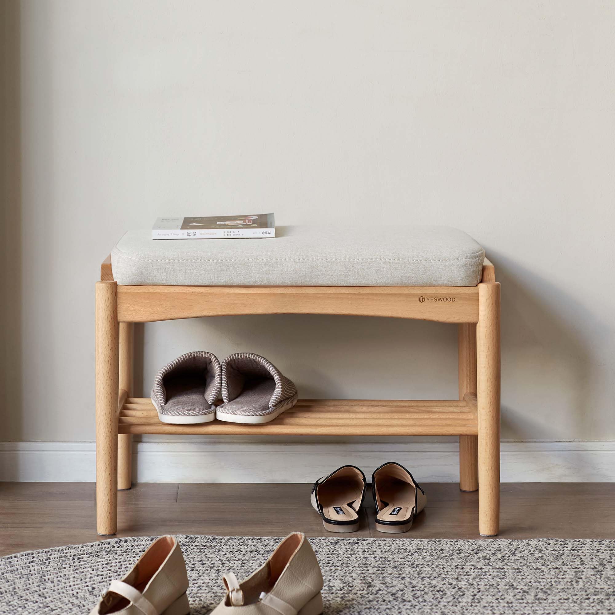 YESWOOD Schuhbank mit Sitzpolster Massivholz Buche, Sitzbank für Flur mit Schuhablage, Gepolsterte Bank mit Offenem Regal, Holz Bank für Eingangsbereich Schlafzimmer, Natur